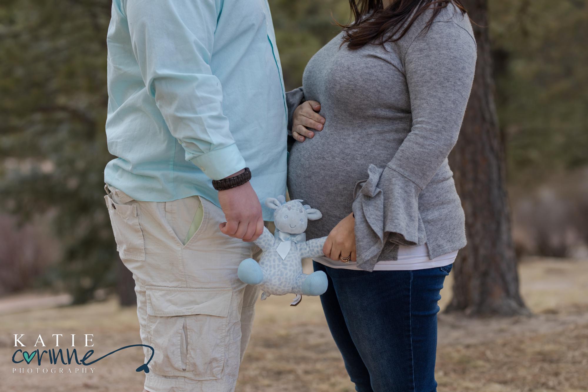 pregnant couple hold stuffed giraffe at gender reveal photoshoot