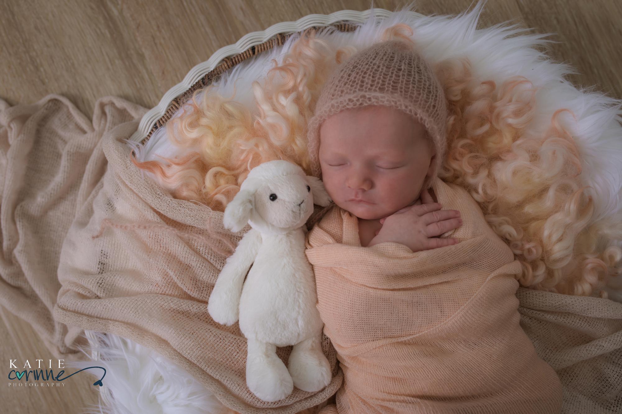 Newborn girl posed with stuffie, in a basket