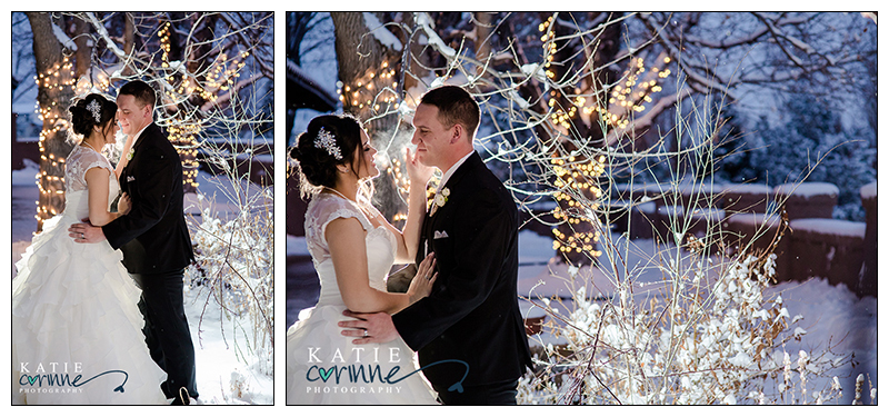 bride and groom at Villa Parker wedding venue in the snow