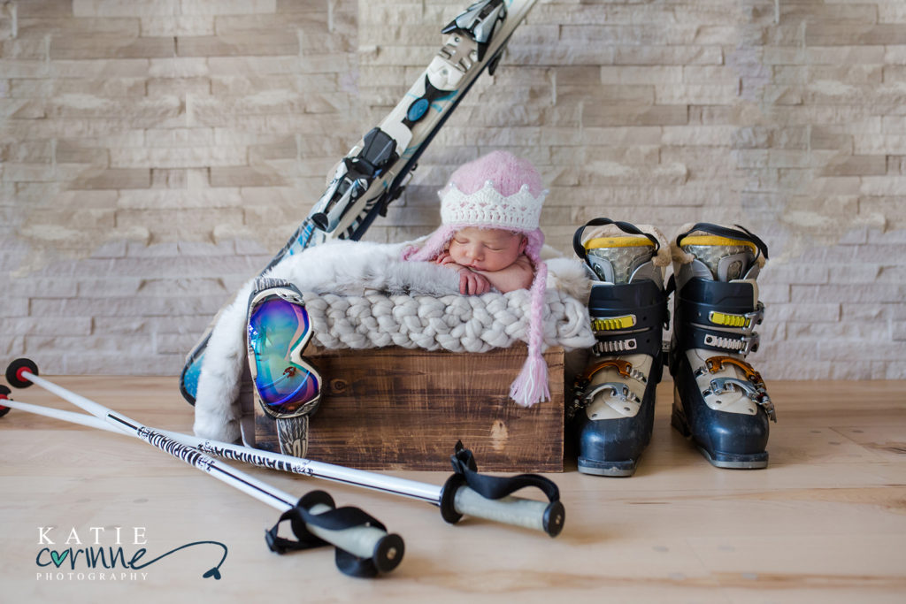 Fine Art Newborn Photographer, Ski themed newborn portrait, ski bum newborn photo, ski newborn session