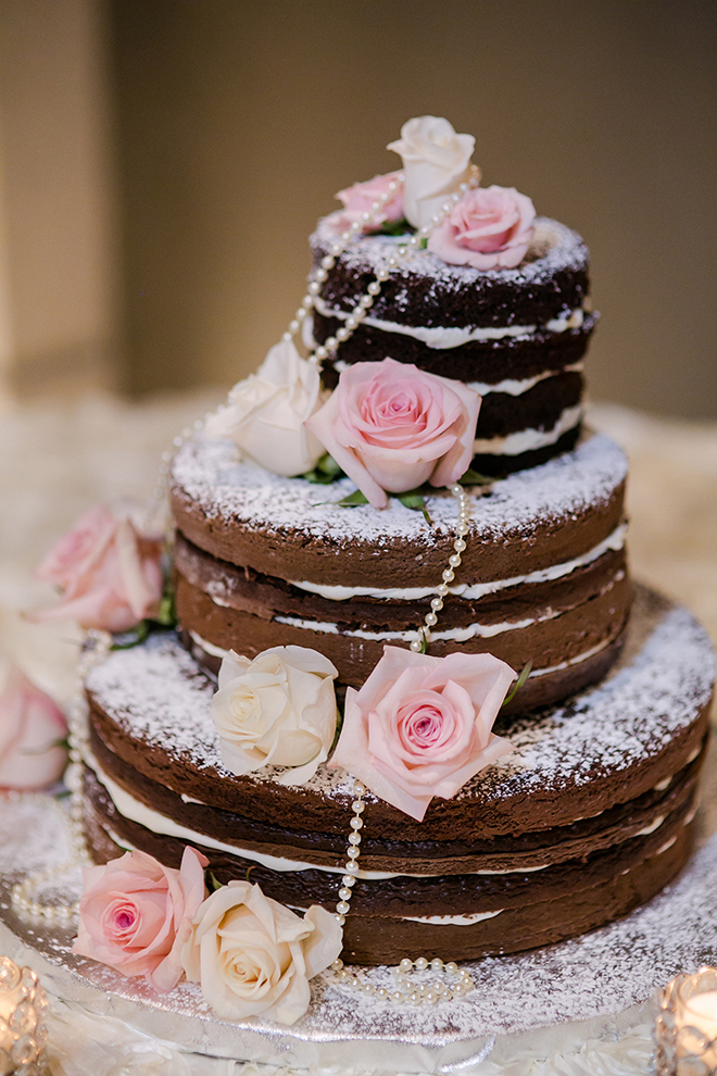 Unfrosted Wedding Cake with Roses and Pearls