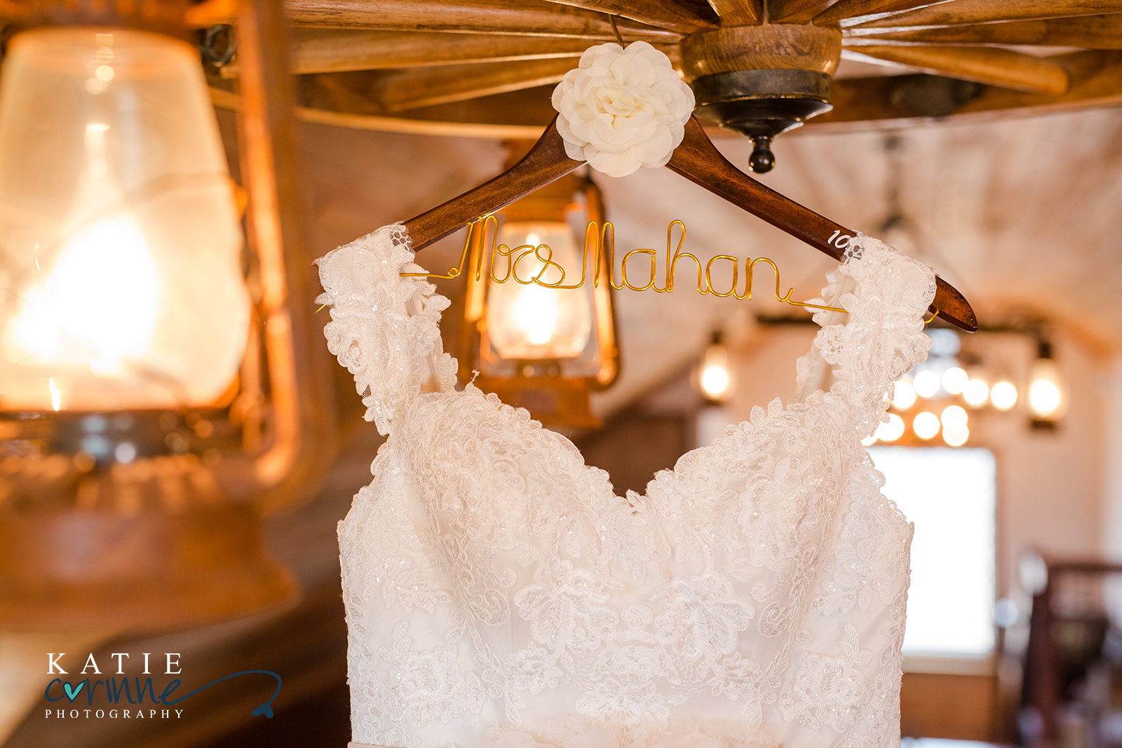 Wedding dress hanging with personalized hanger