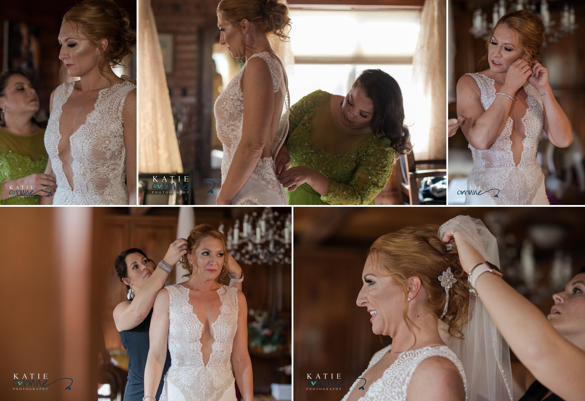 Bride preparing for wedding in bridal suite with mom and bridesmaids