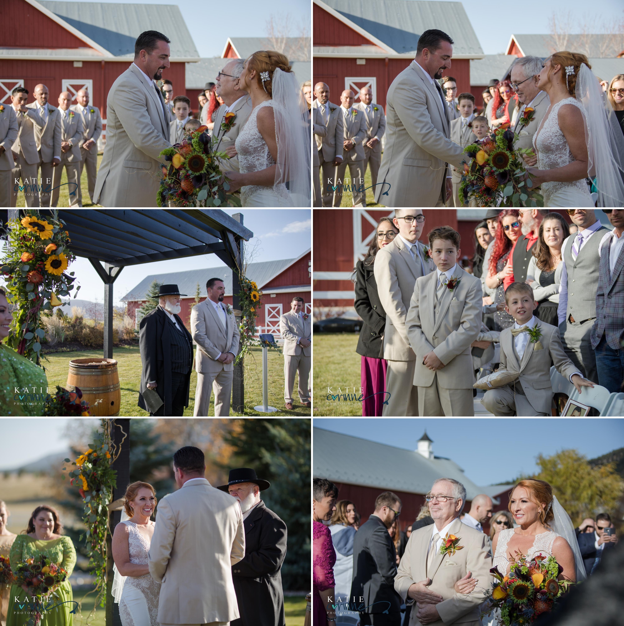 Father of bride gives away gbride to groom at wedding ceremony