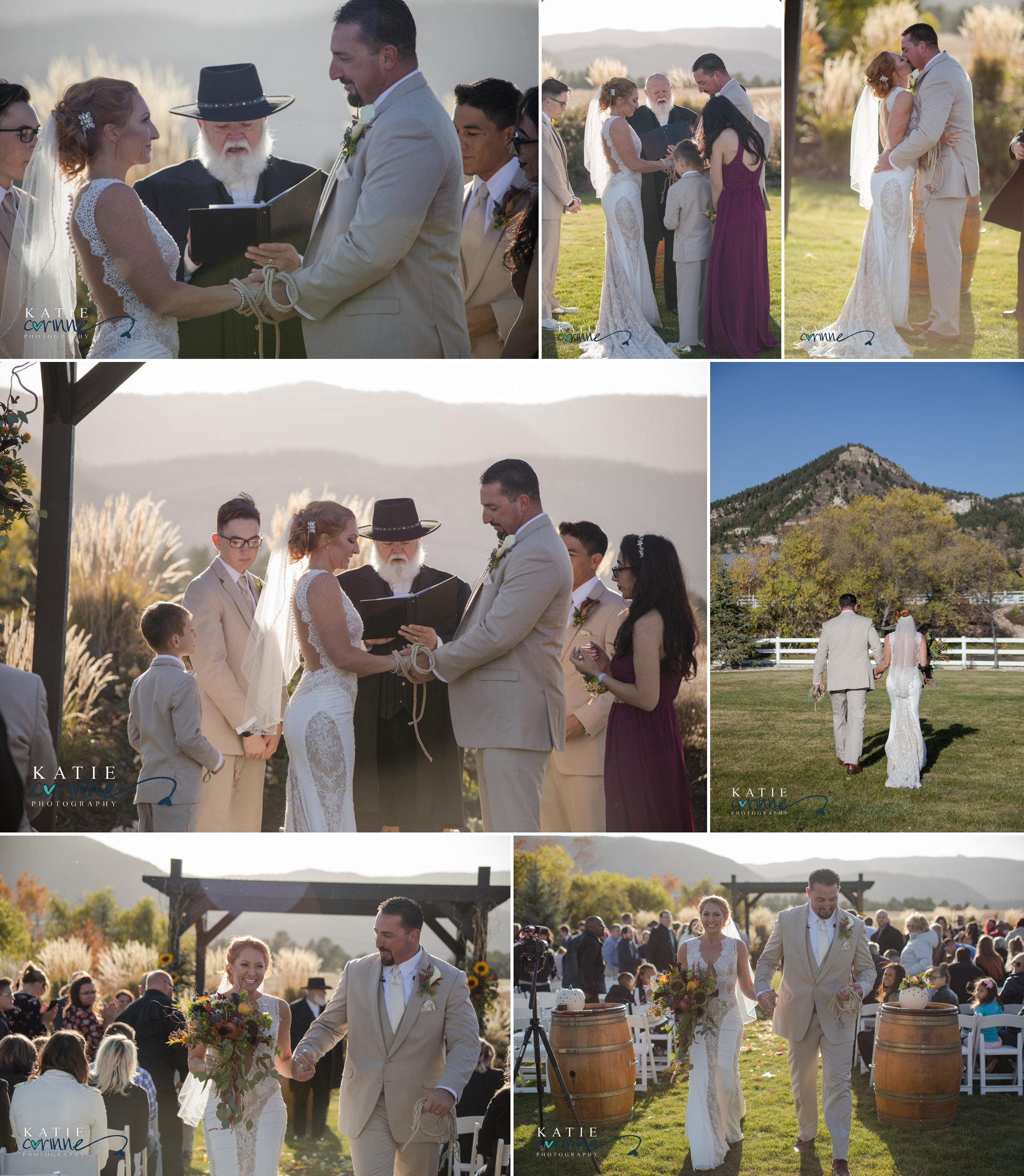 Collage of outdoor ceremony photos at Colorado fall wedding