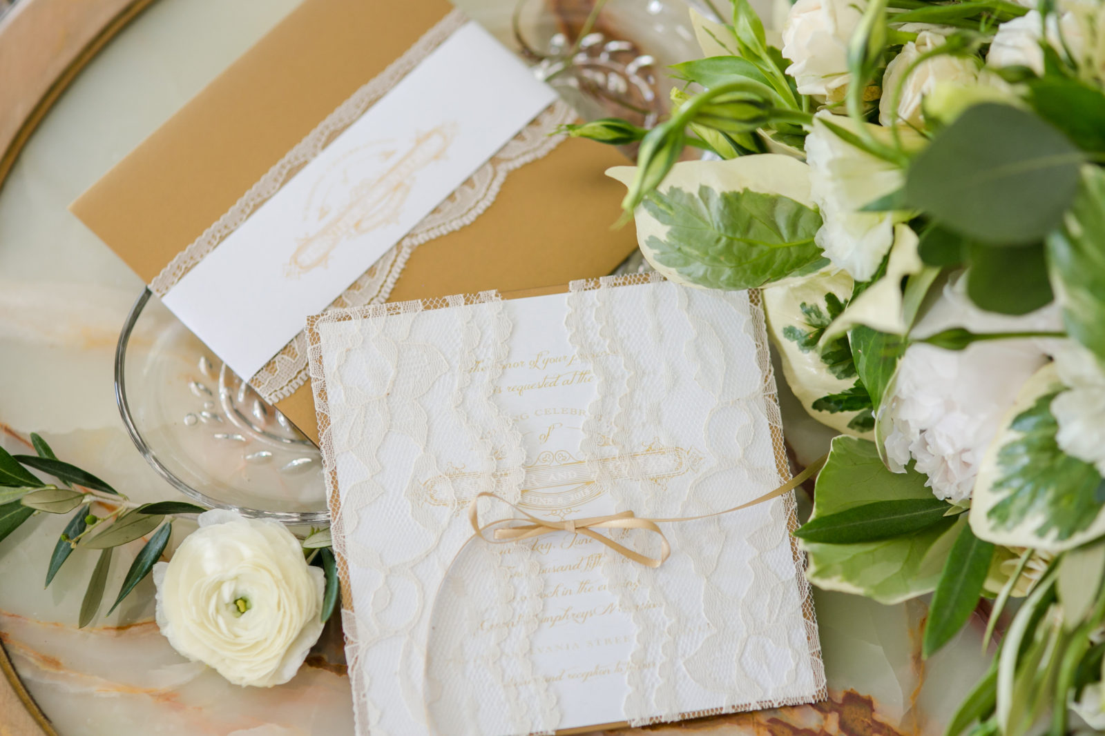 Lace white and gold wedding invitation