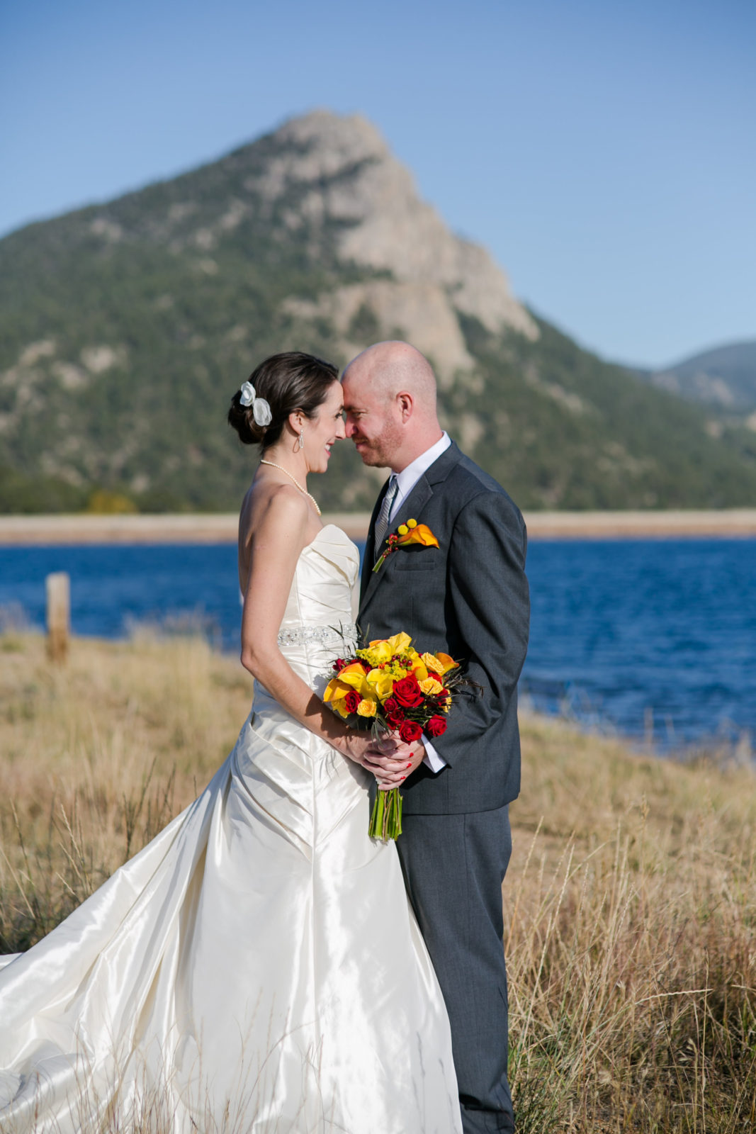 bride and groom at estes lake