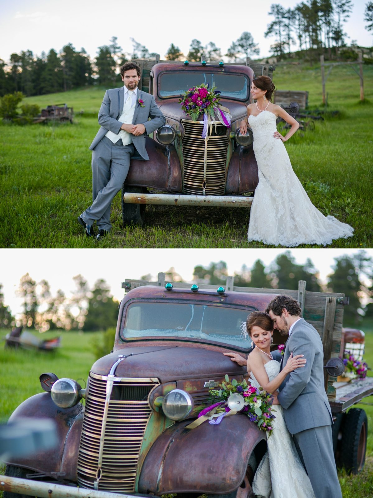 Old rusty truck with bride and groom