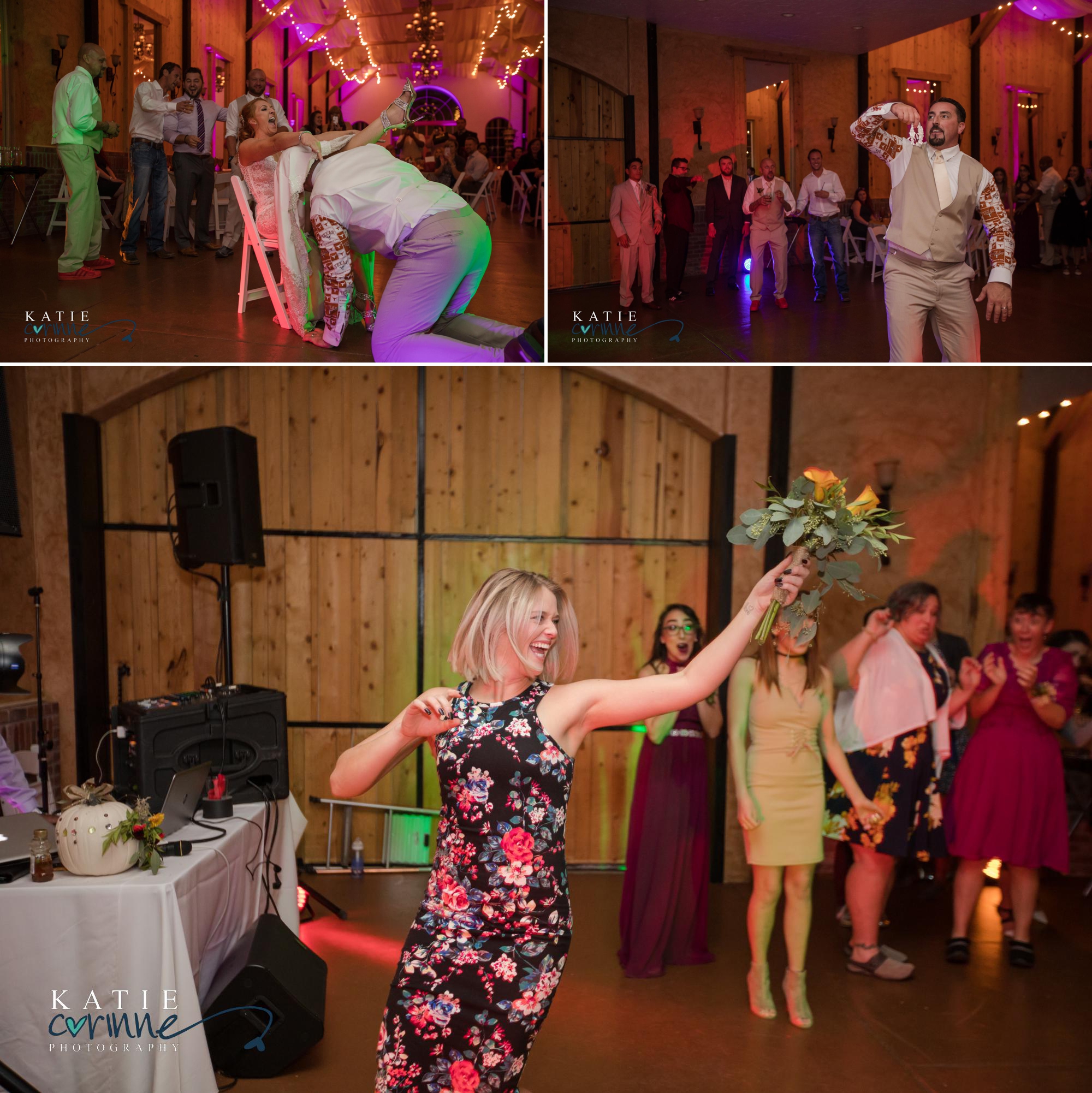 garter toss and bouquet toss at fun wedding reception