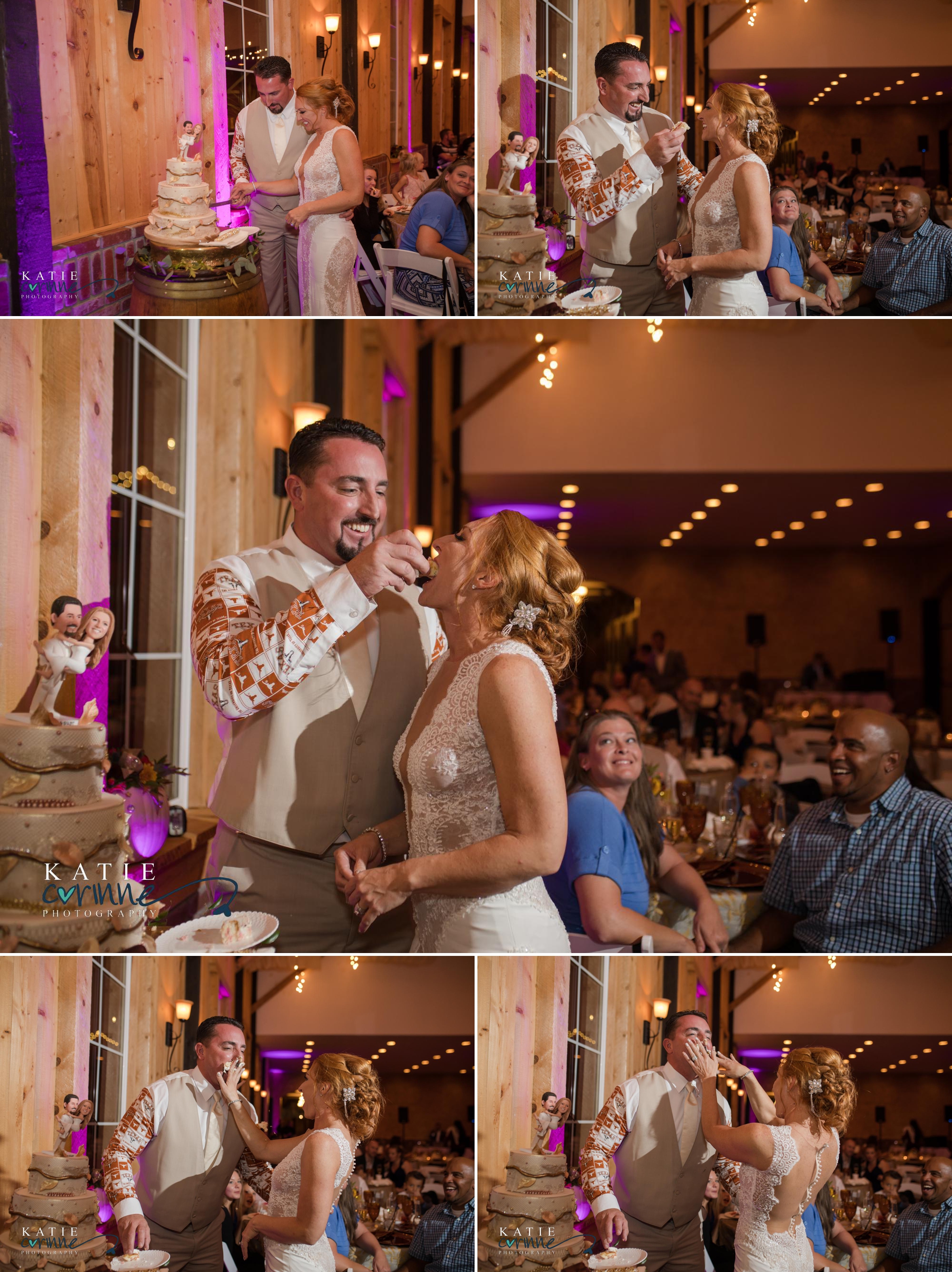 bride and groom cut cake at fall wedding reception in Colorado
