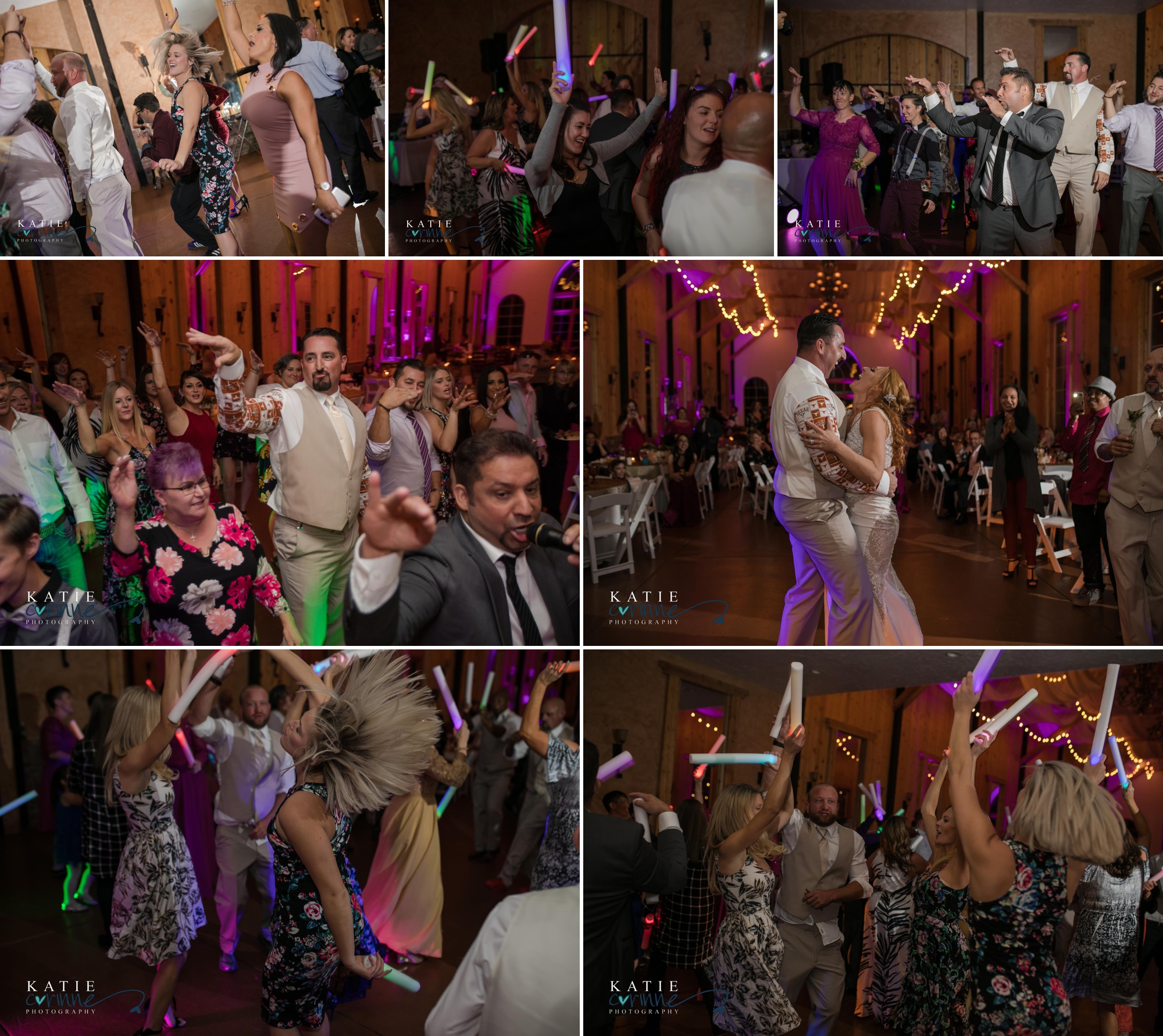 wedding couple dances with guests at reception