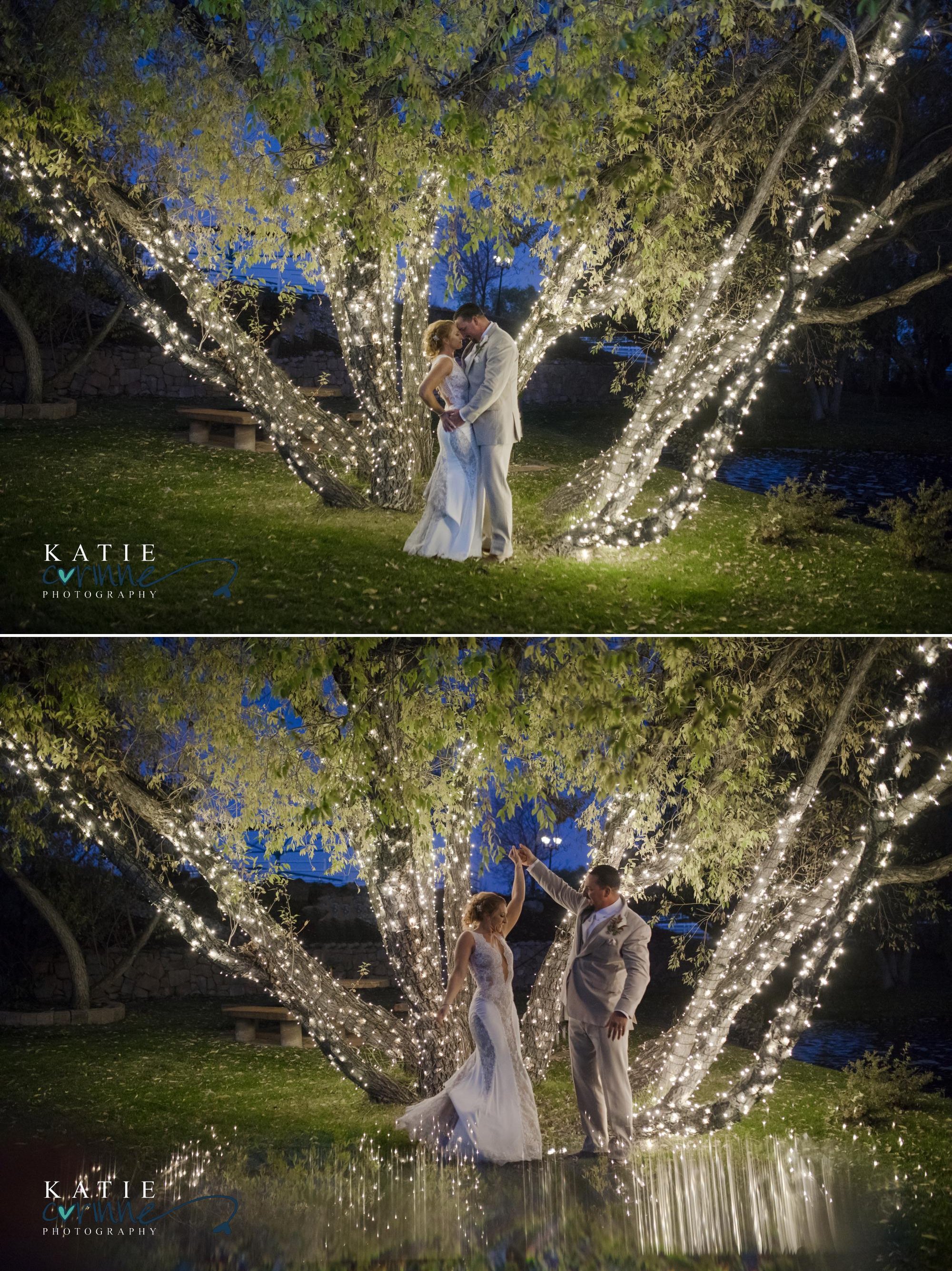 Colorado wedding couple pose for nighttime portraits in front of tree wrapped in string lights
