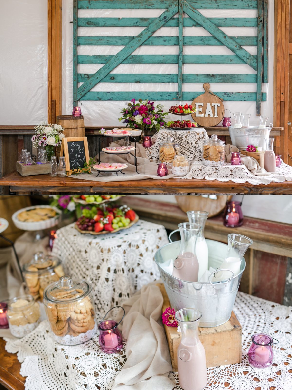 Dessert table in country barn wedding