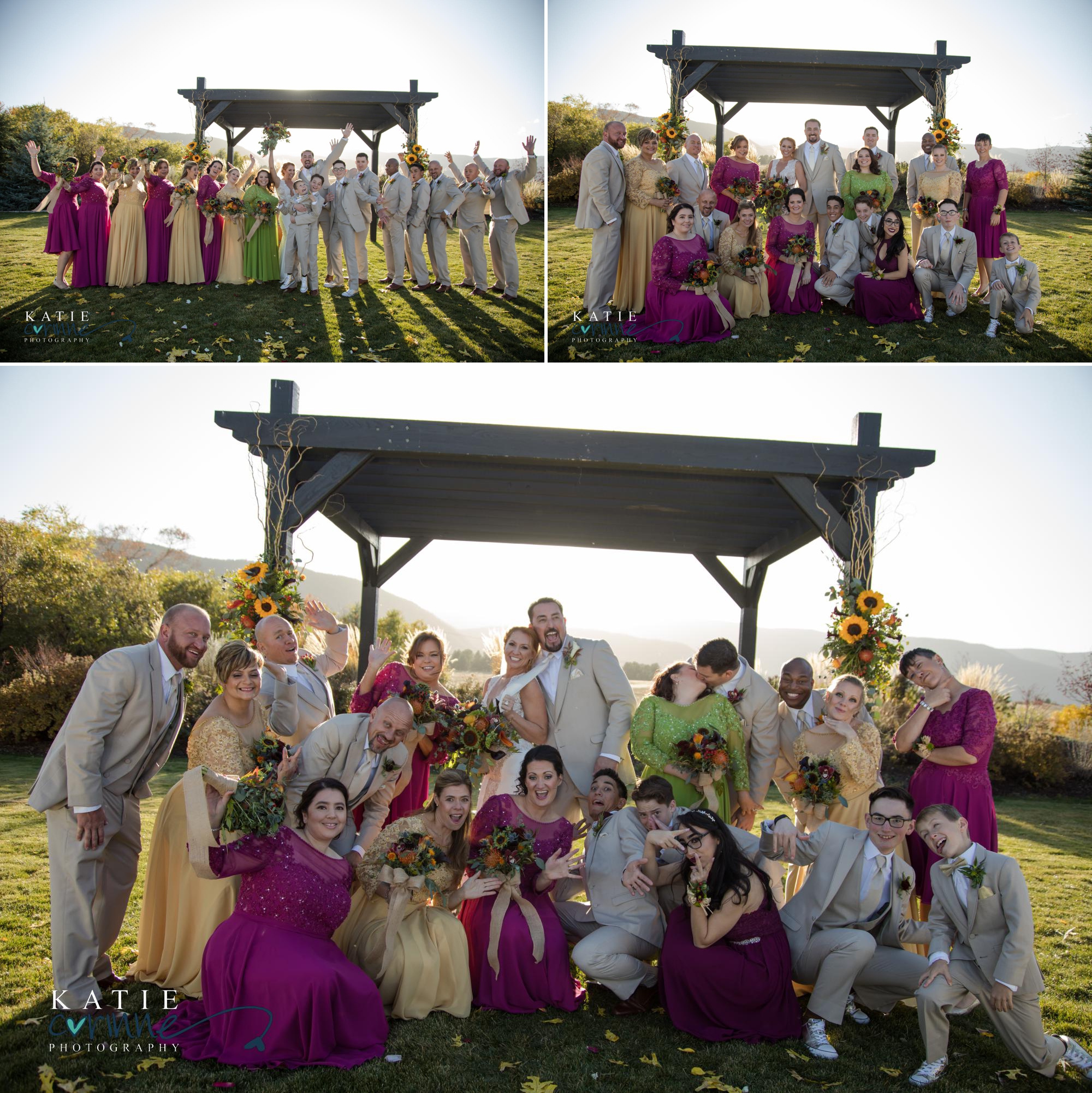 wedding party portraits at sunset in the fall