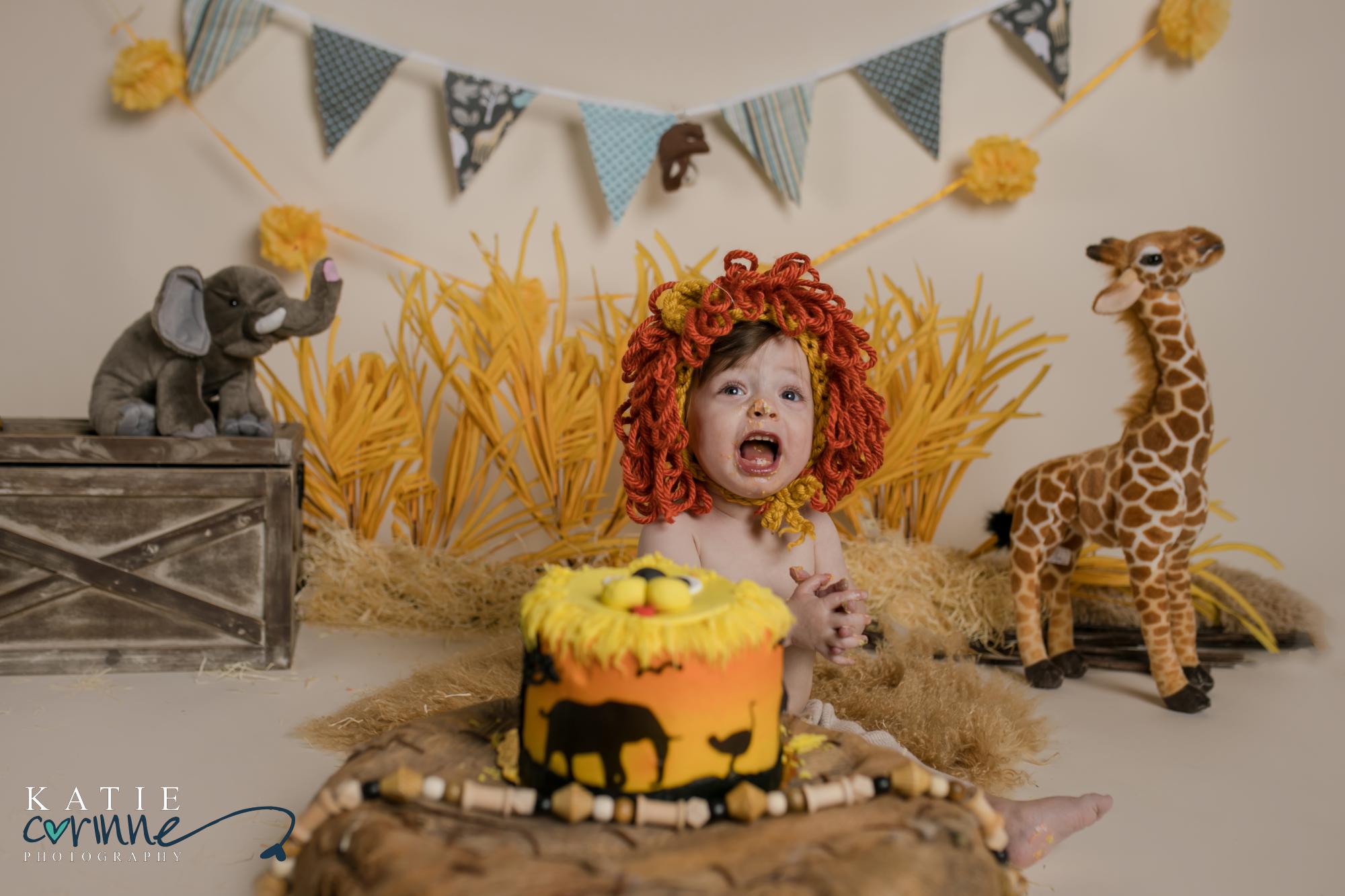 child dressed as Lion smashes birthday cake
