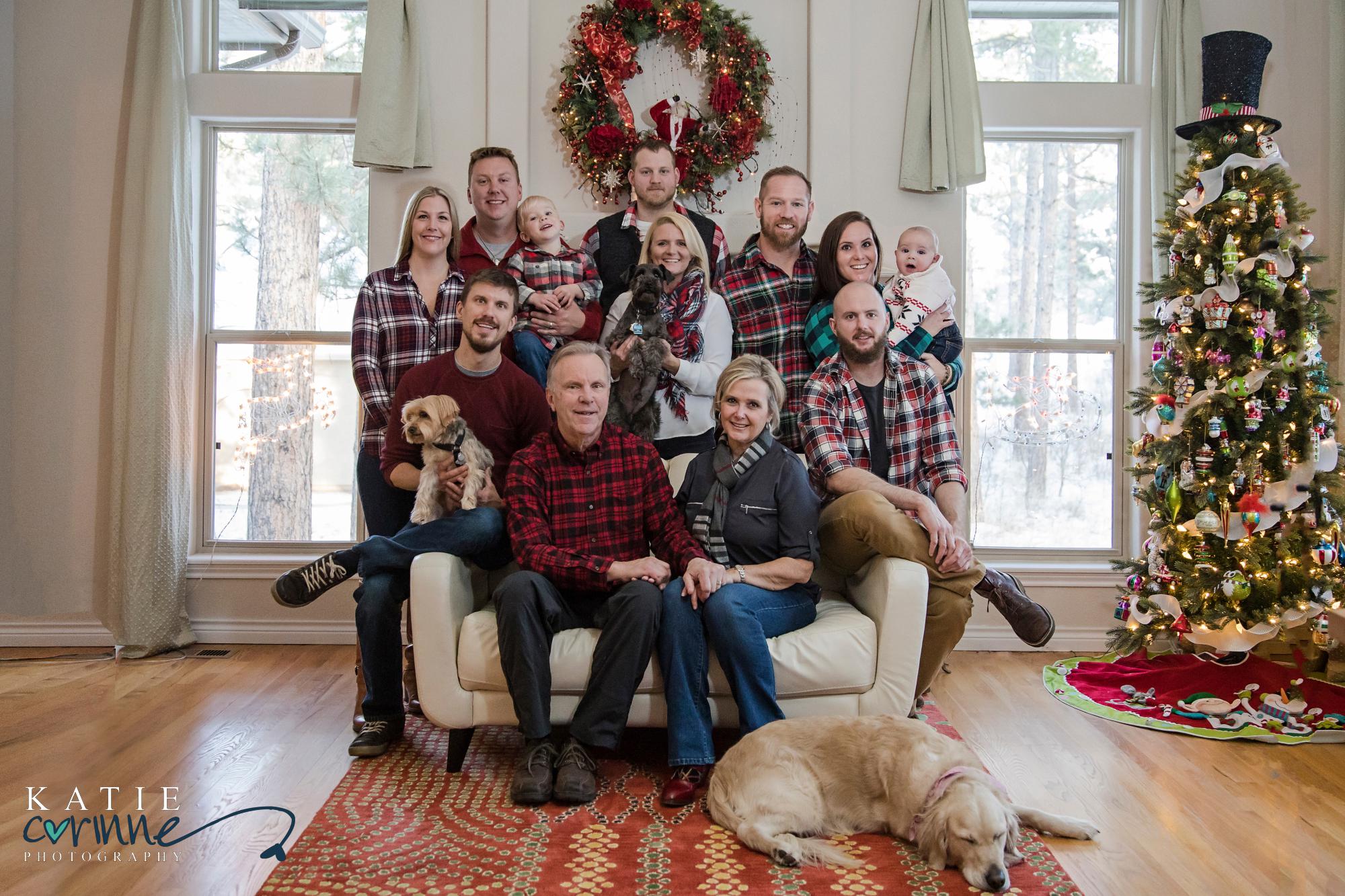 Large extended Family pose on couch for a family portrait