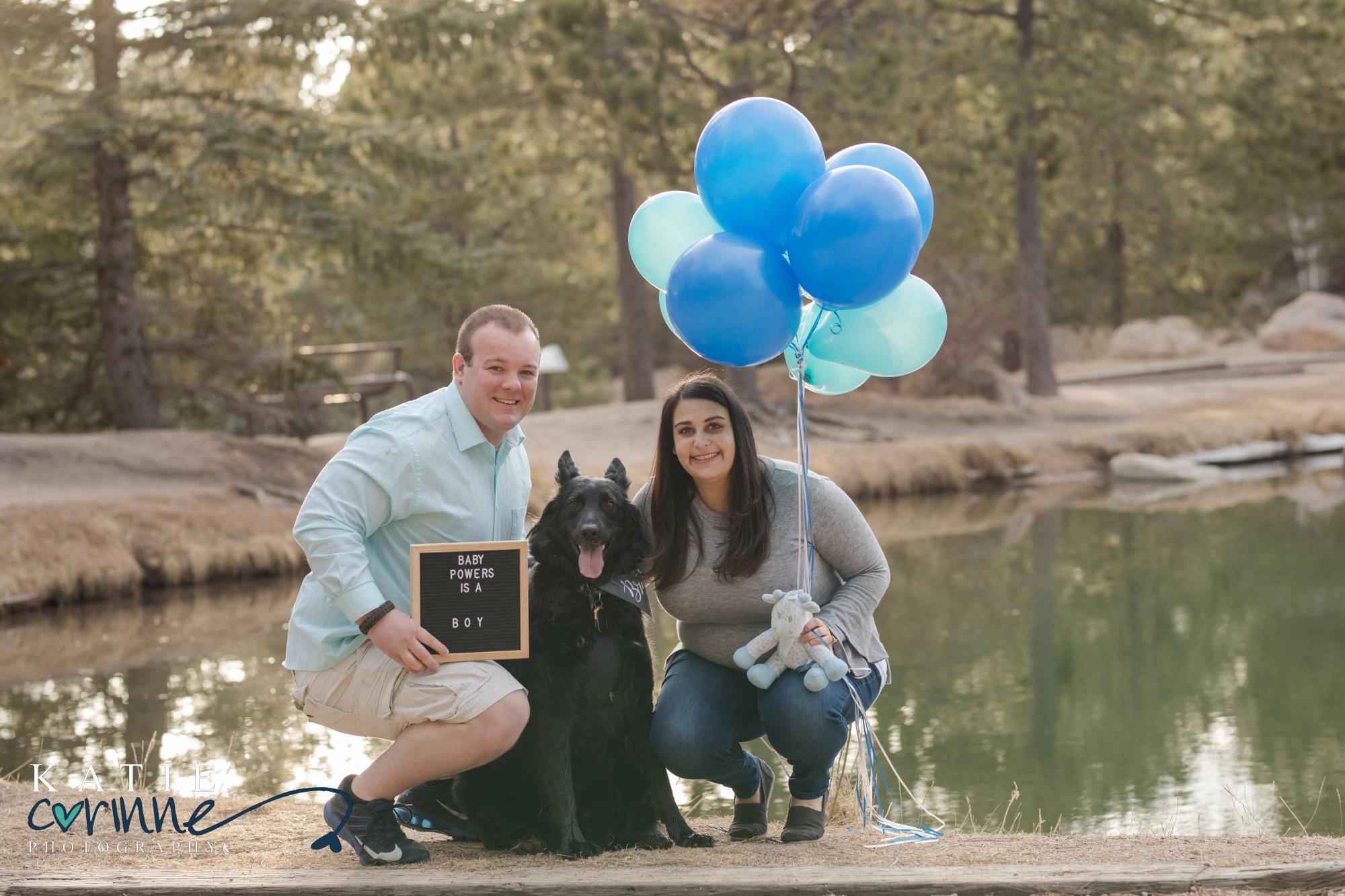couple poses with dog to reveal gender of baby in Colorado