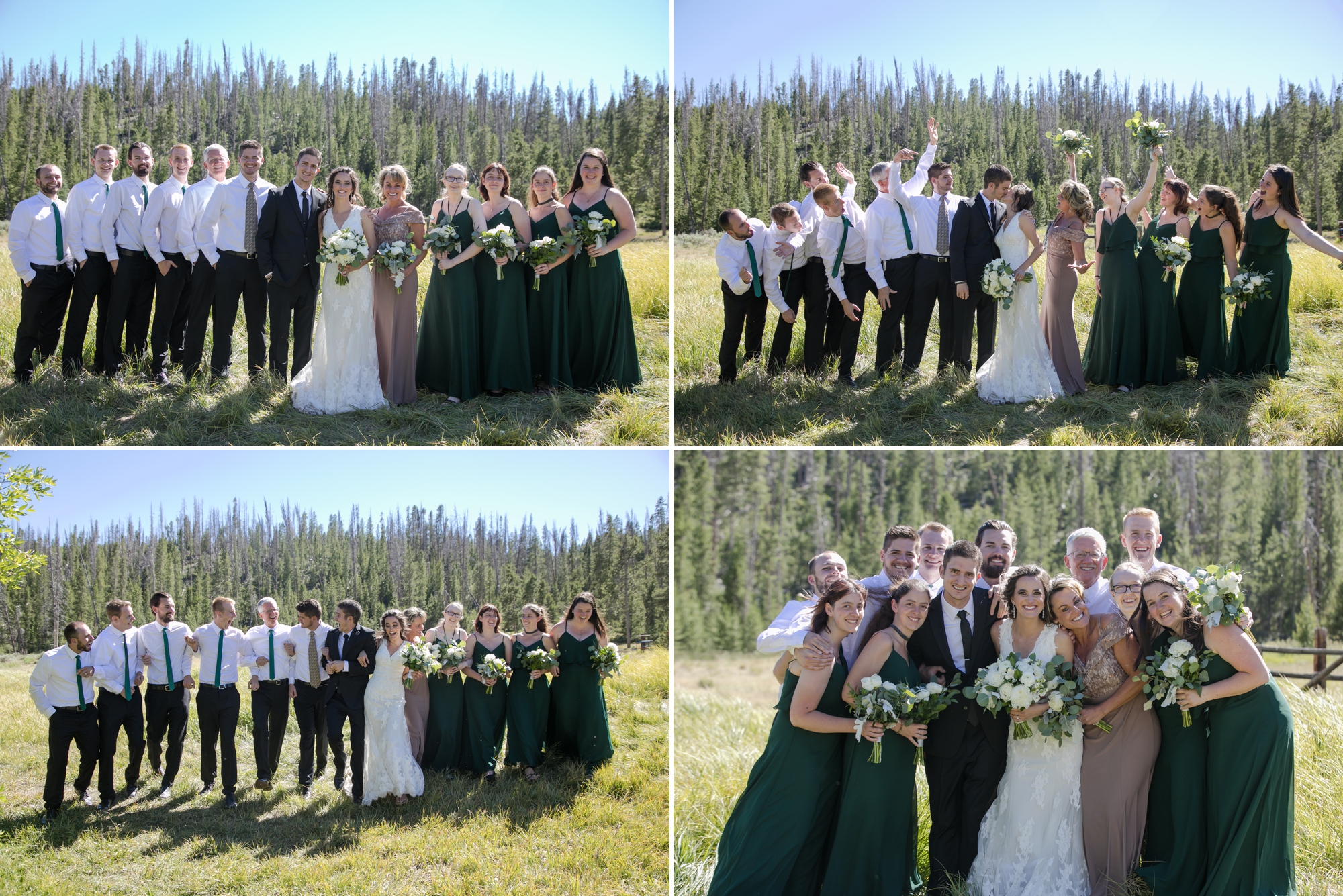 rustic evergreen wedding party photos