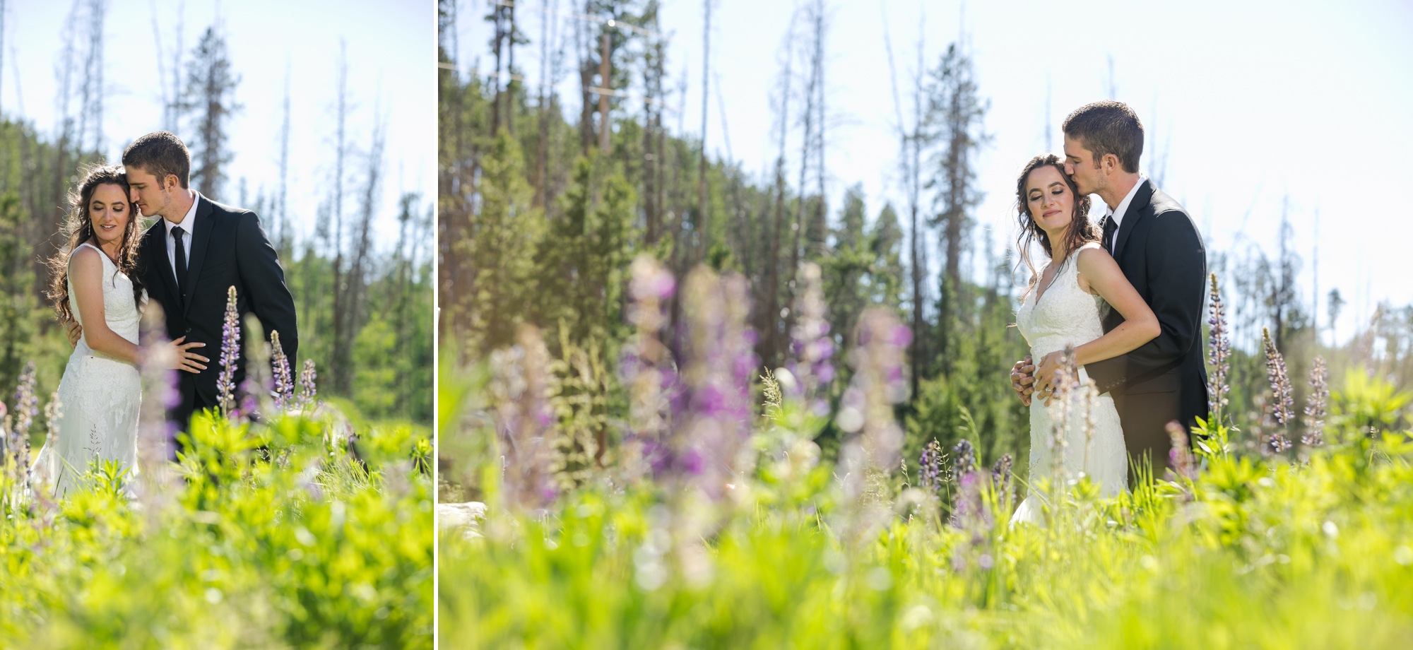 newlywed portraits in wildflower meadow in Colorado mountains