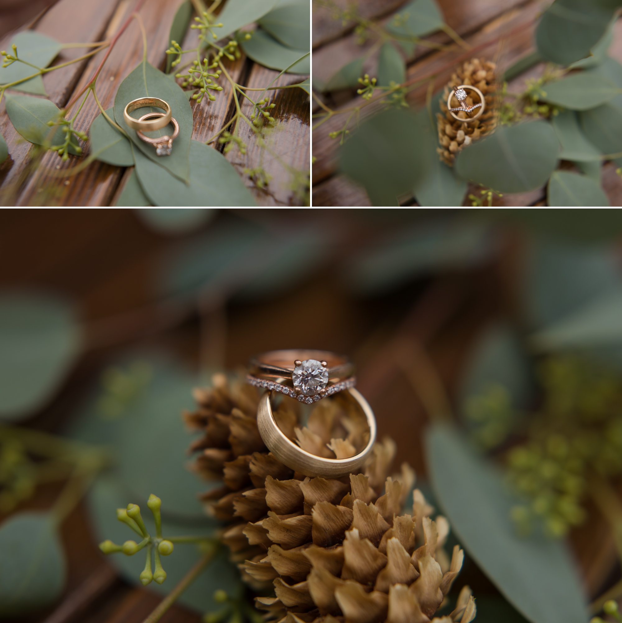 Wedding rings on rustic background