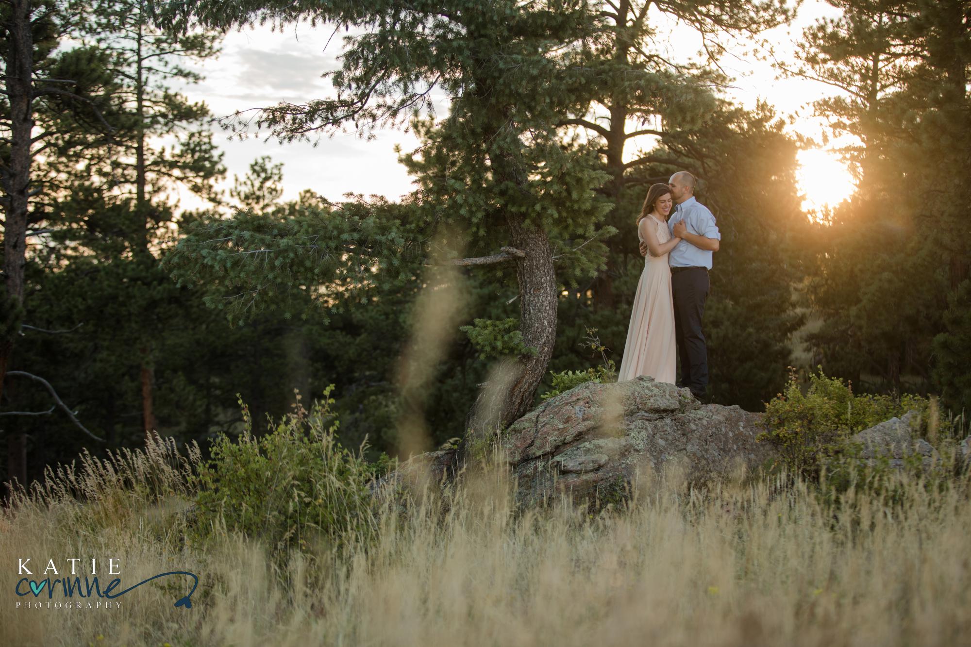 Newly engaged couple at Mount Falcon in Colorado