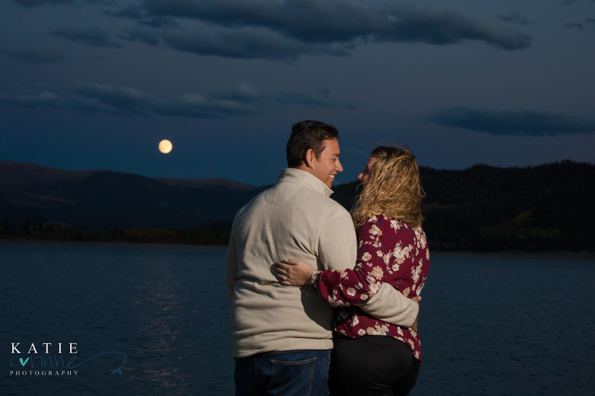 Engaged couple at night in Colorado