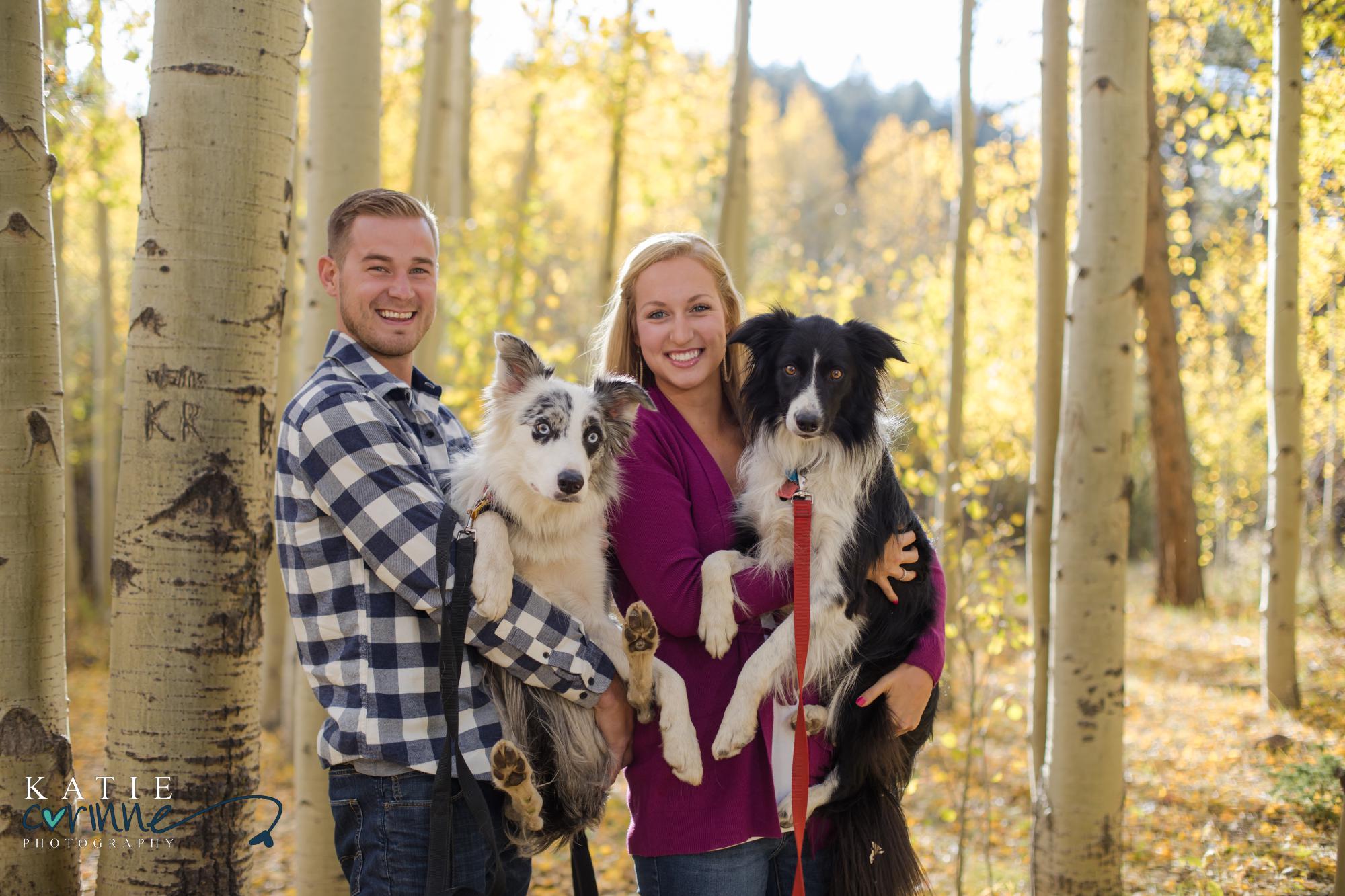 Colorado engagement session with bride, groom, and two dogs