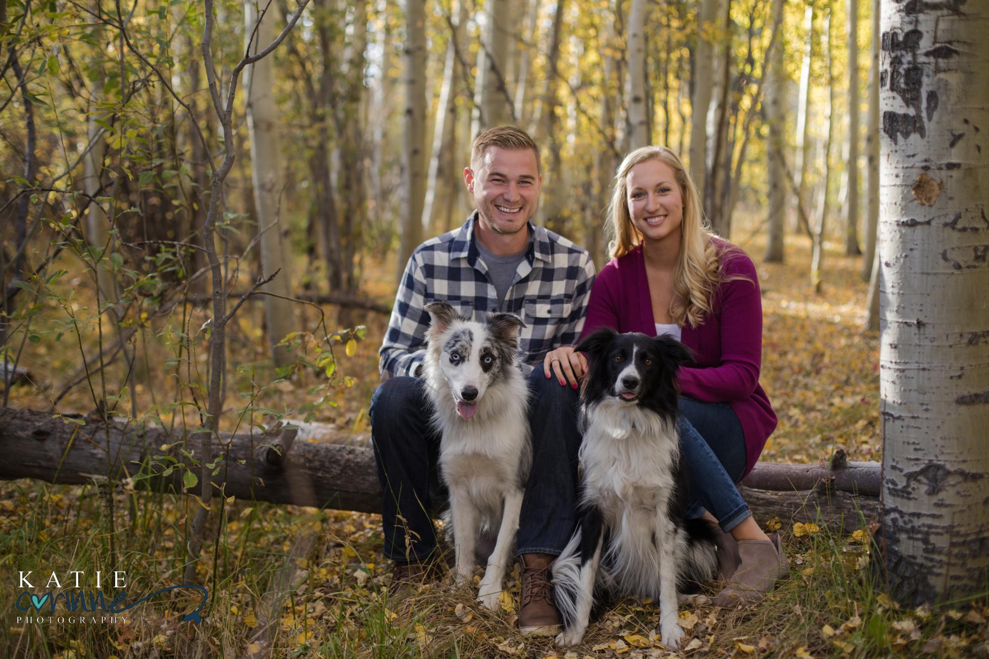couple poses with dogs for engagement photographer