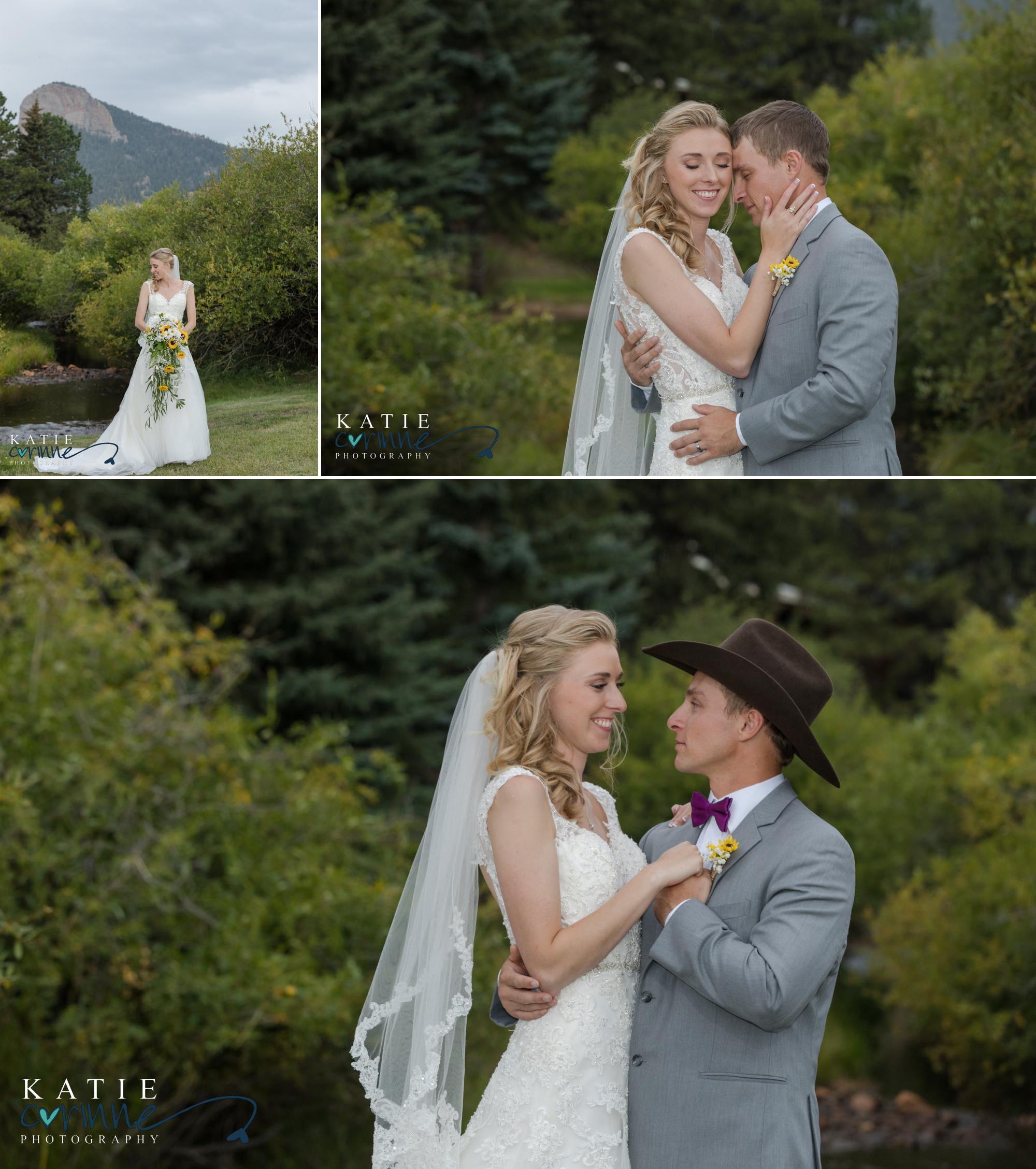 newlywed portraits in front of evergreen trees