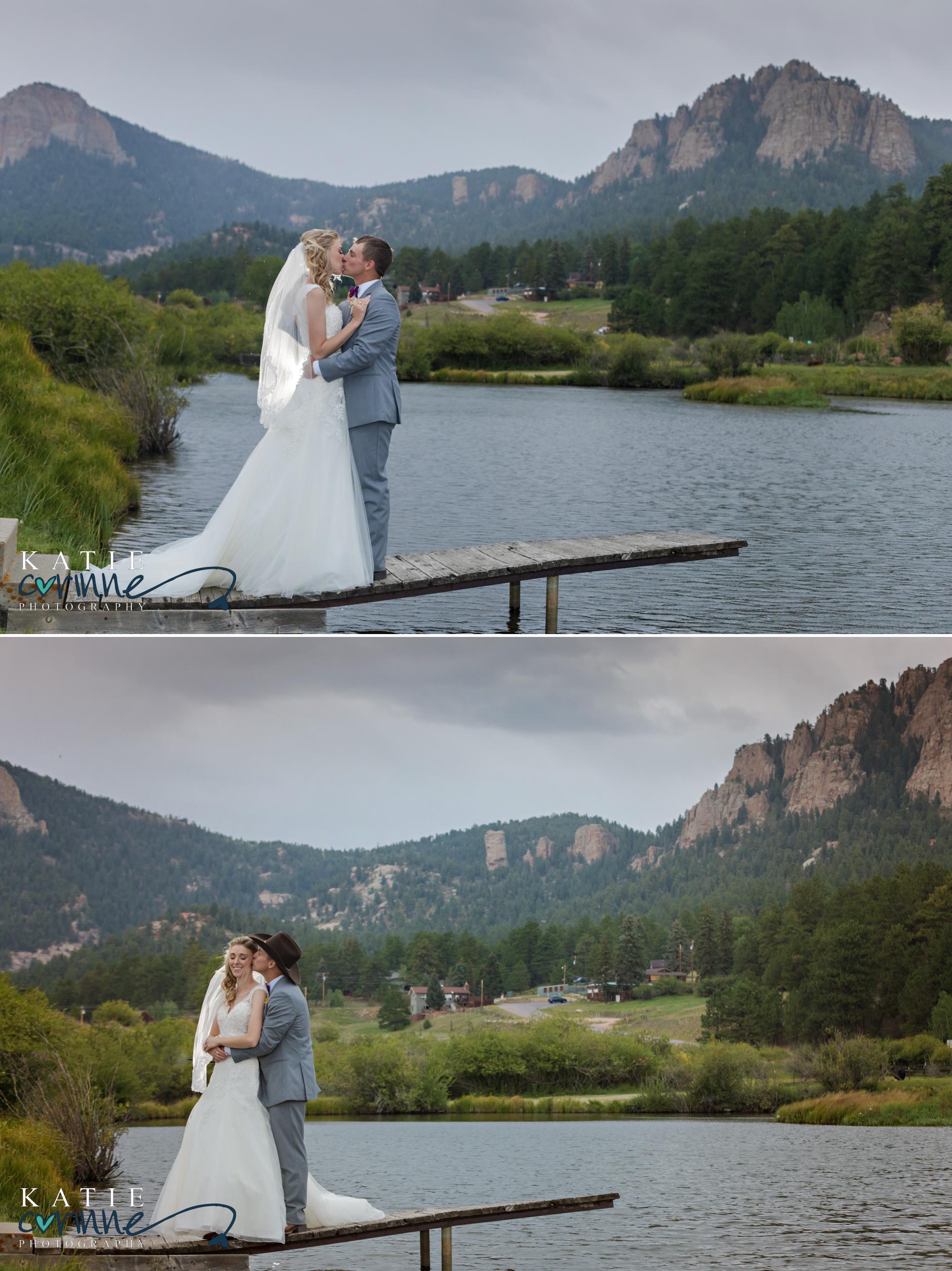 newlywed portraits in front of lake and mountains