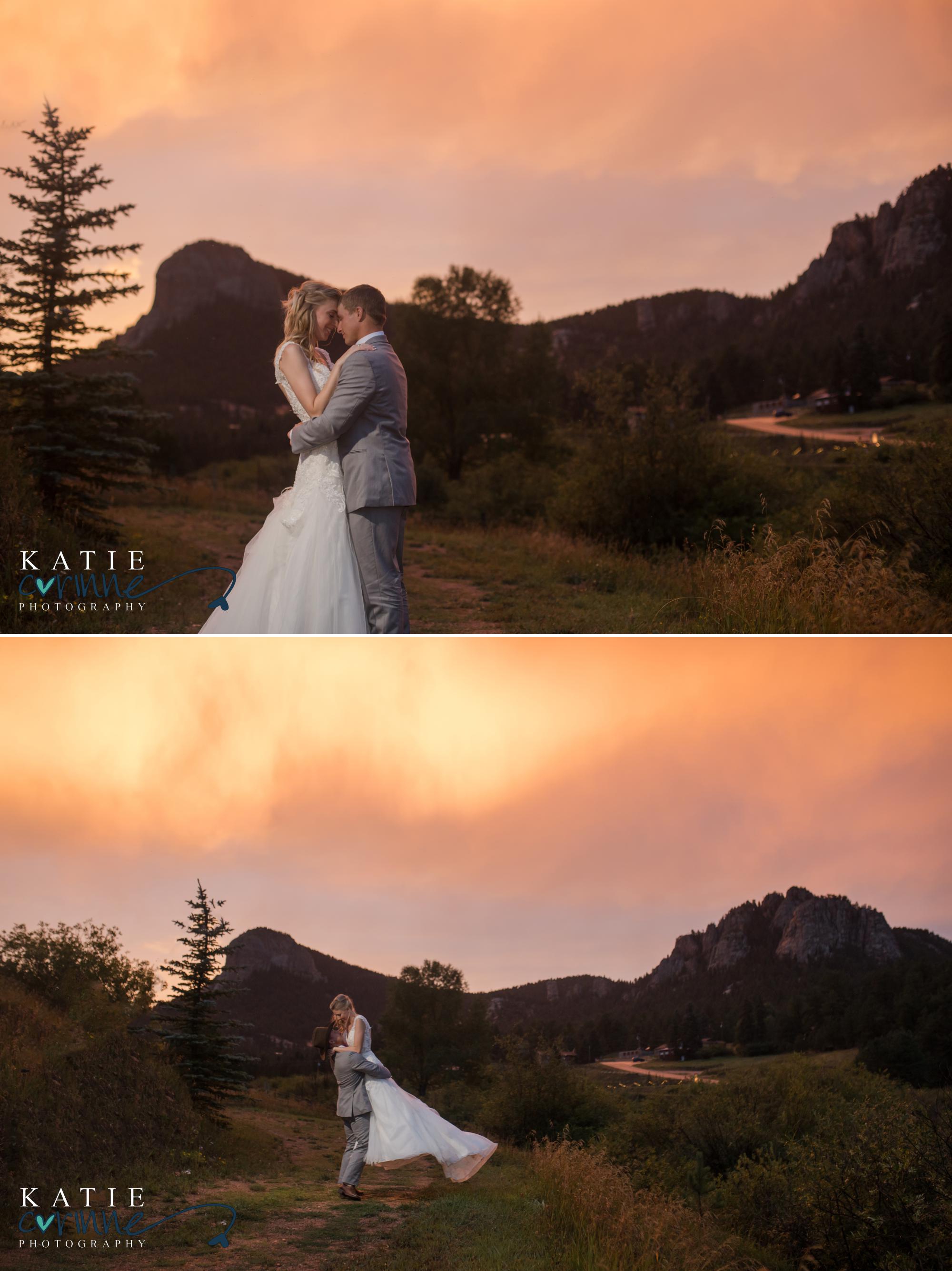 bride and groom pose for colorado sunset