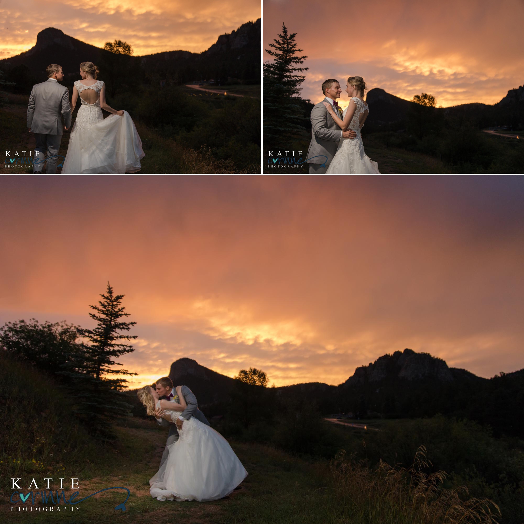 Colorado newlywed couple in front of mountain sunset