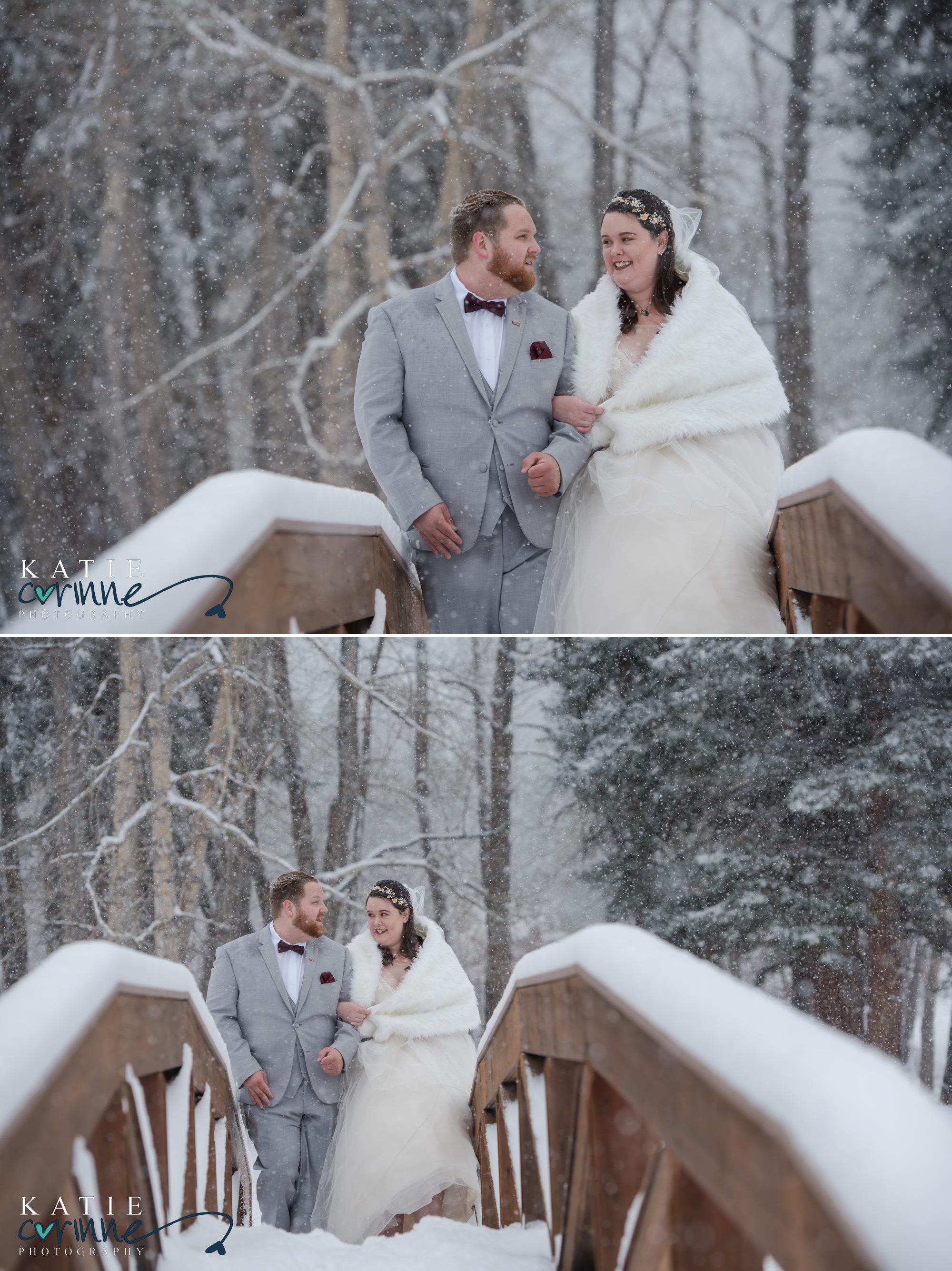 winter wedding couple on bridge