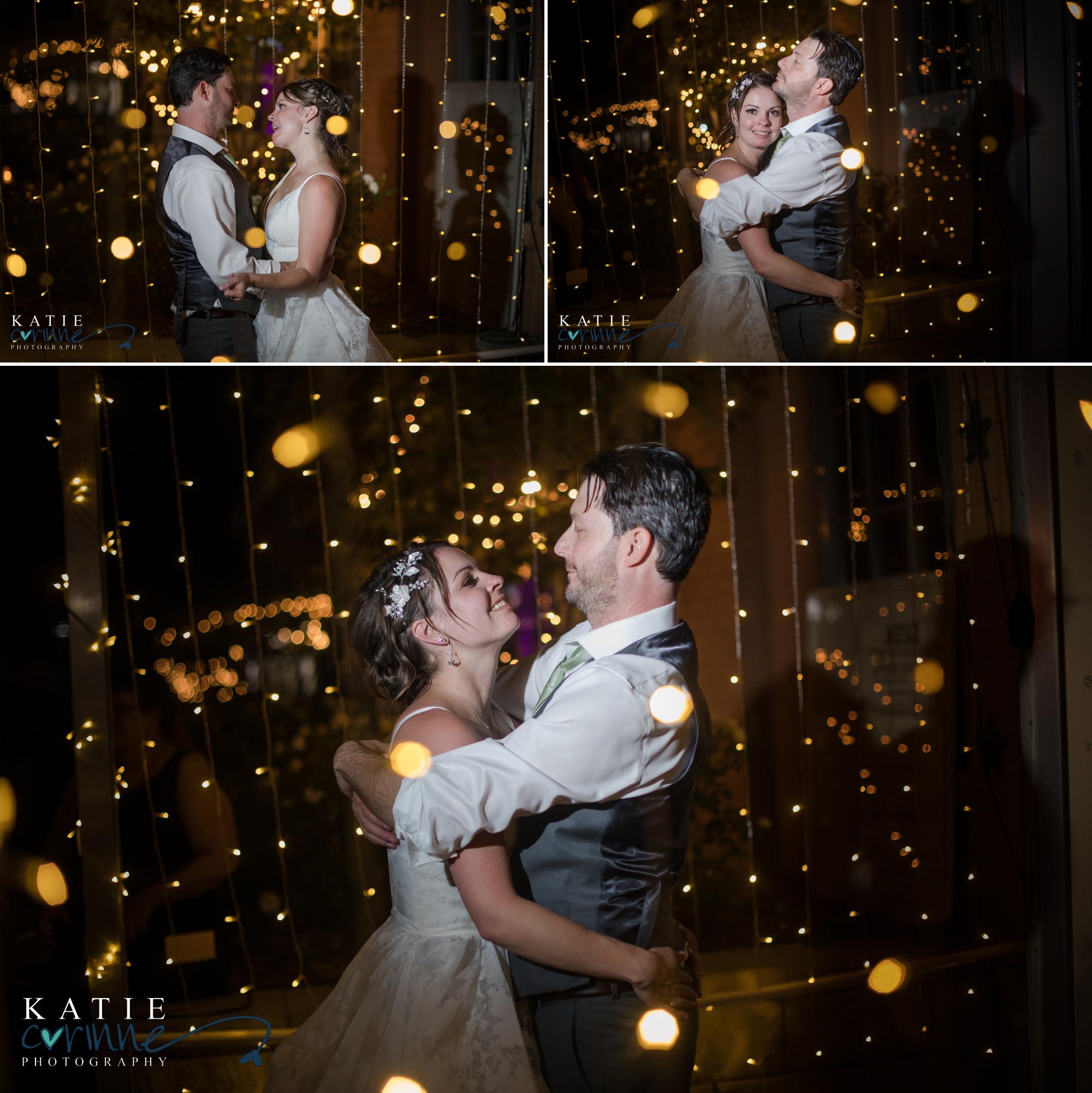 bride and groom embrace at night surrounded by twinkle lights