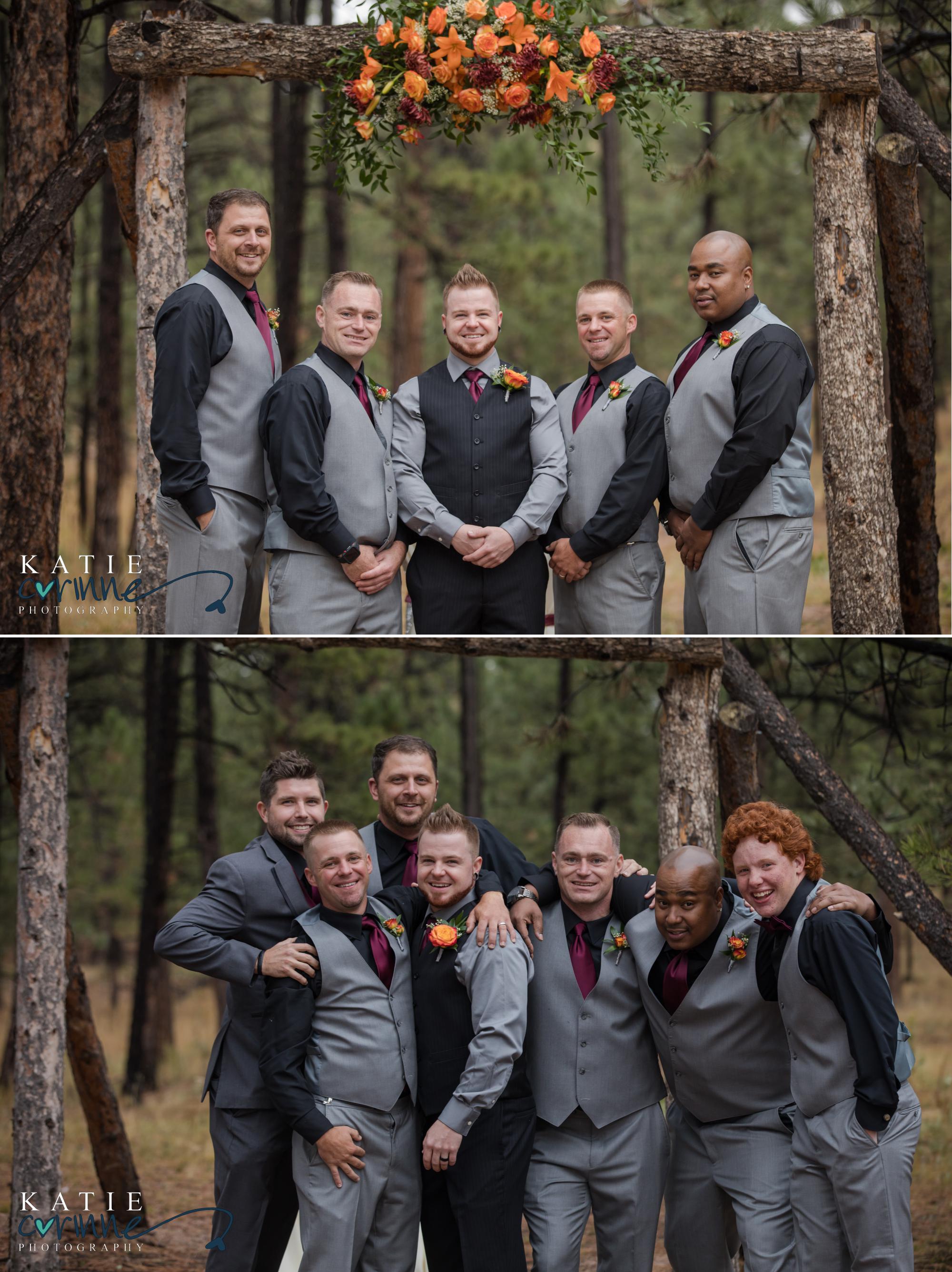 groom and groomsmen in forest wedding