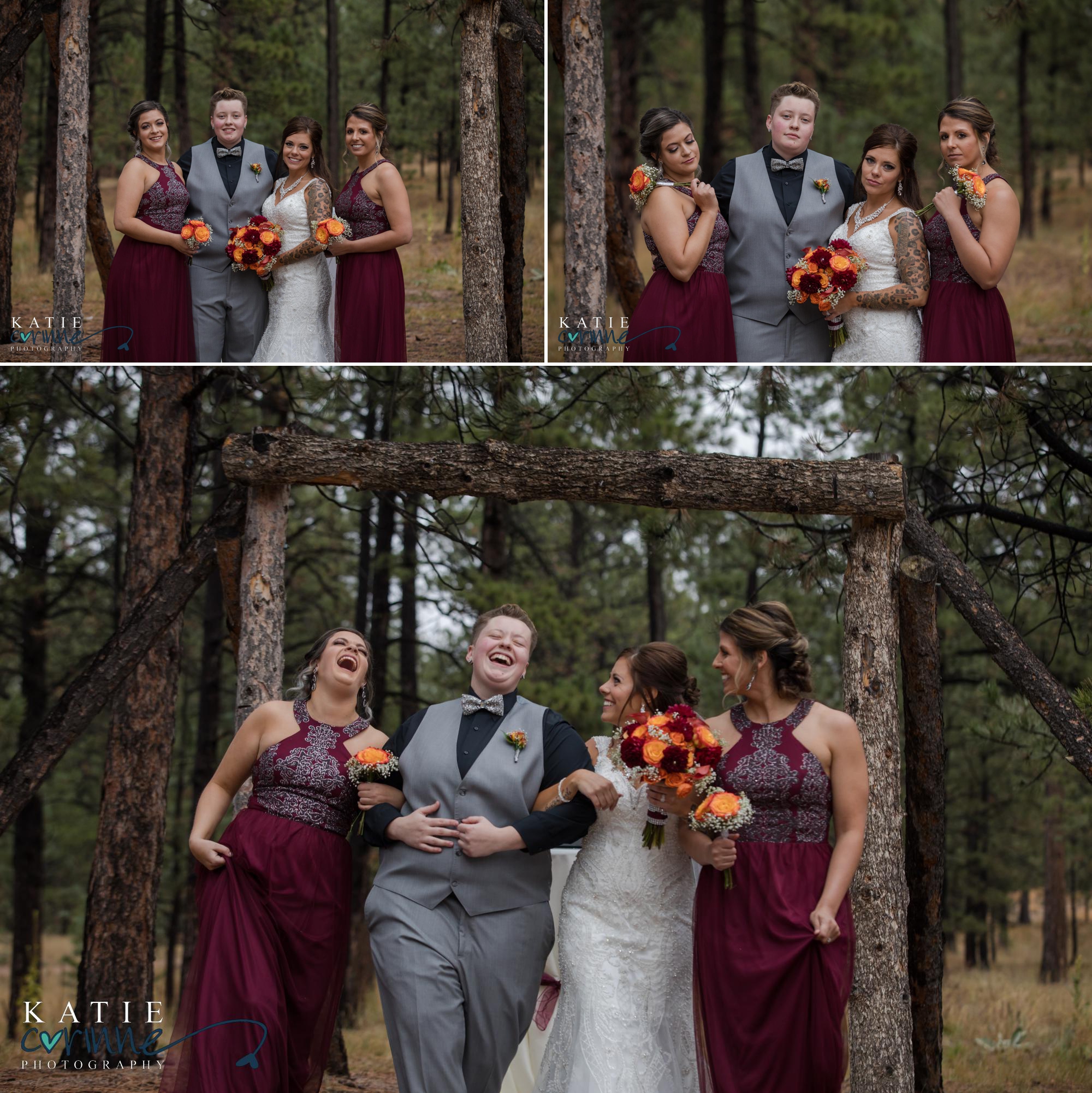 bridal party in forest wedding