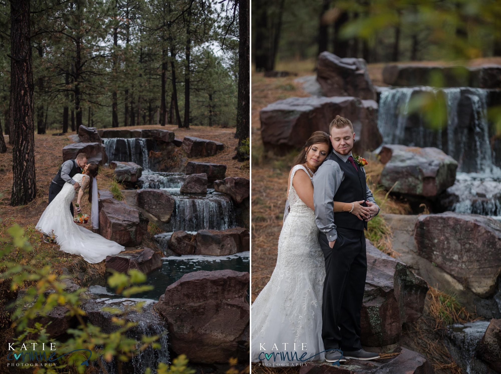 Colorado newlywed portraits in front of waterfall