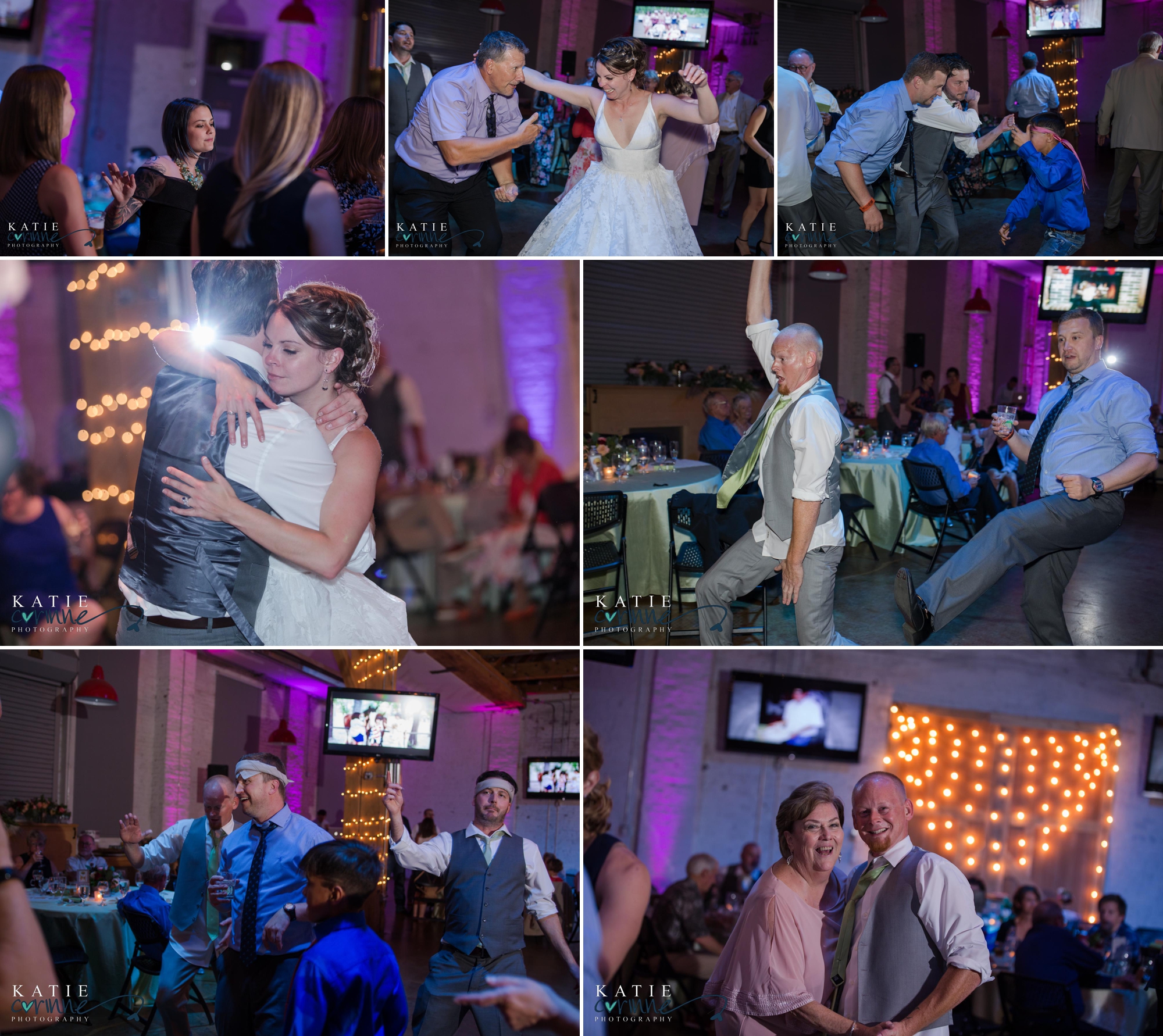 Colorado wedding guests dance at colorful contemporary wedding