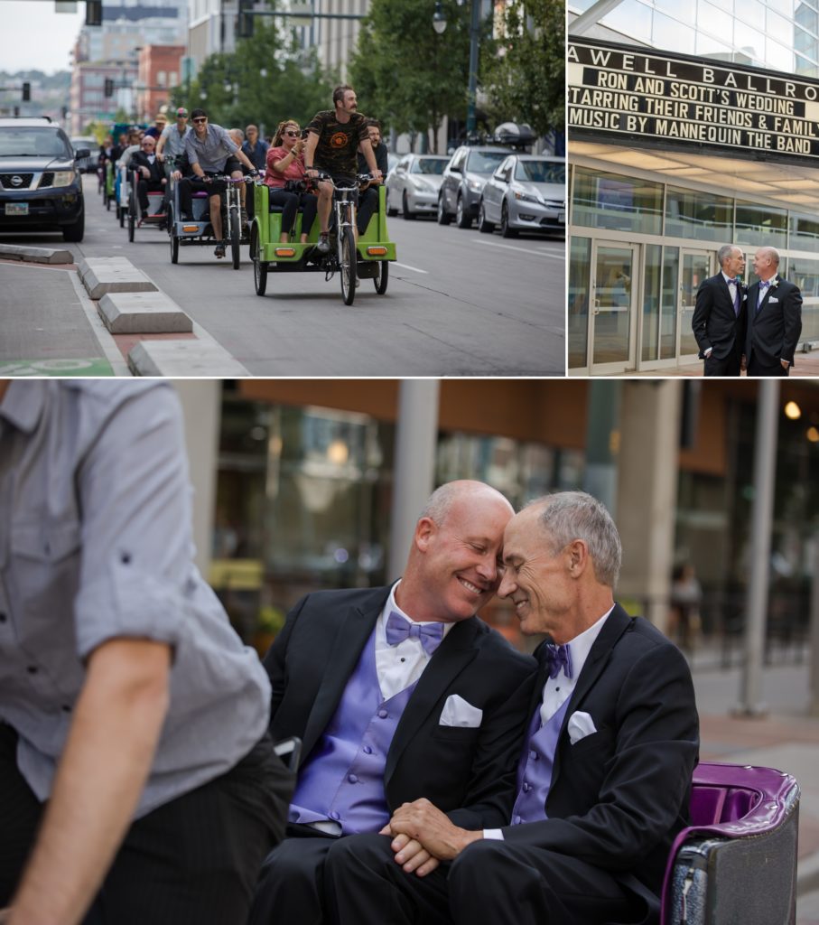 couple rides pedicab to downtown Denver wedding