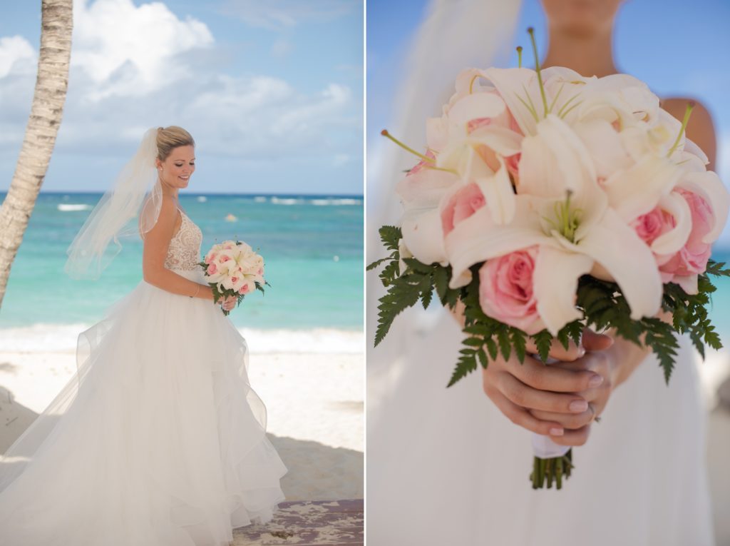 bride with bouquet on beach in Dominican Republic