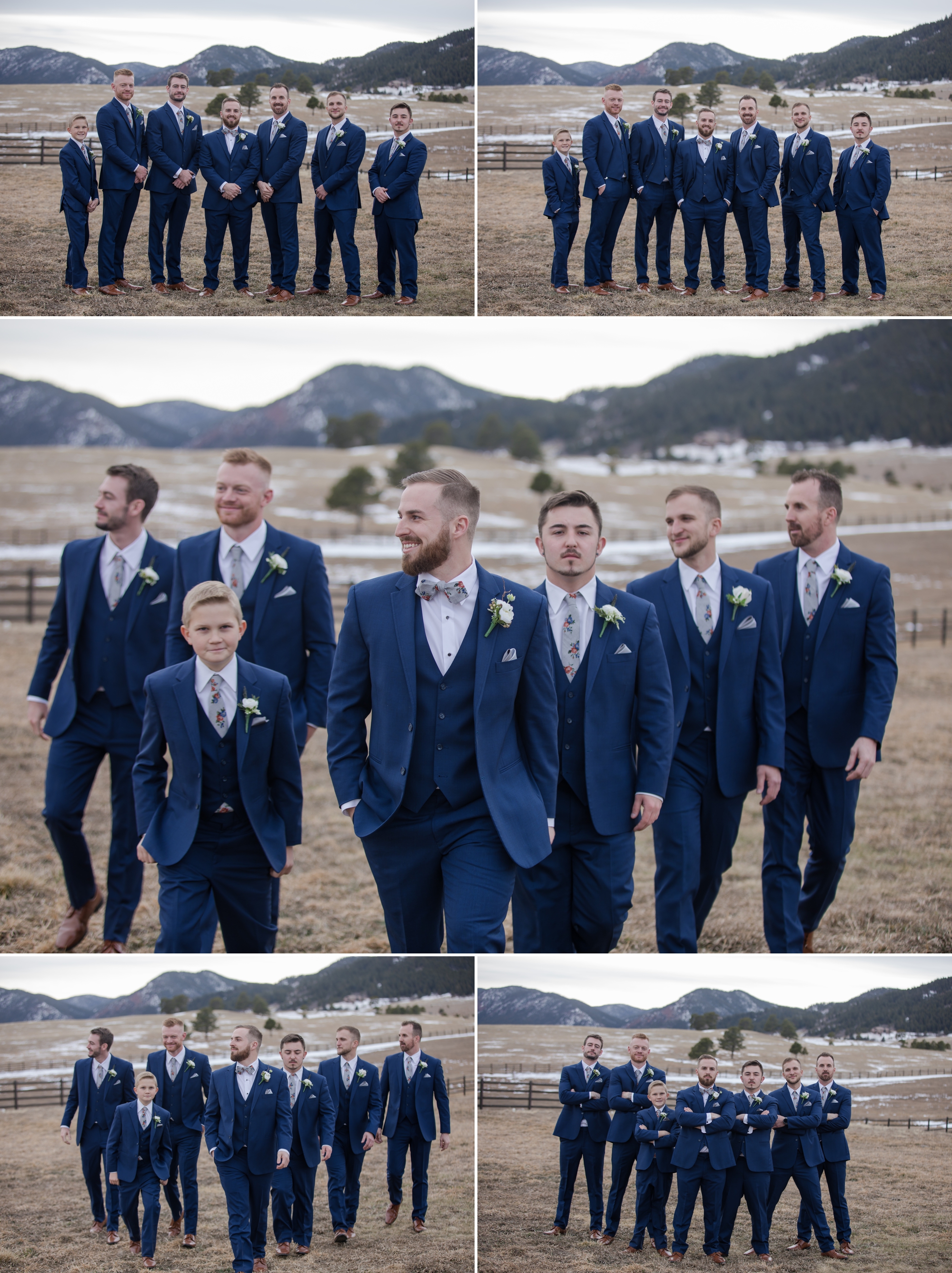 Groom and groomsmen in front of rocky mountains