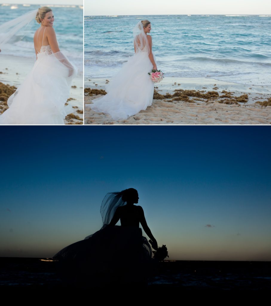 photographs of bride on beach at sunset