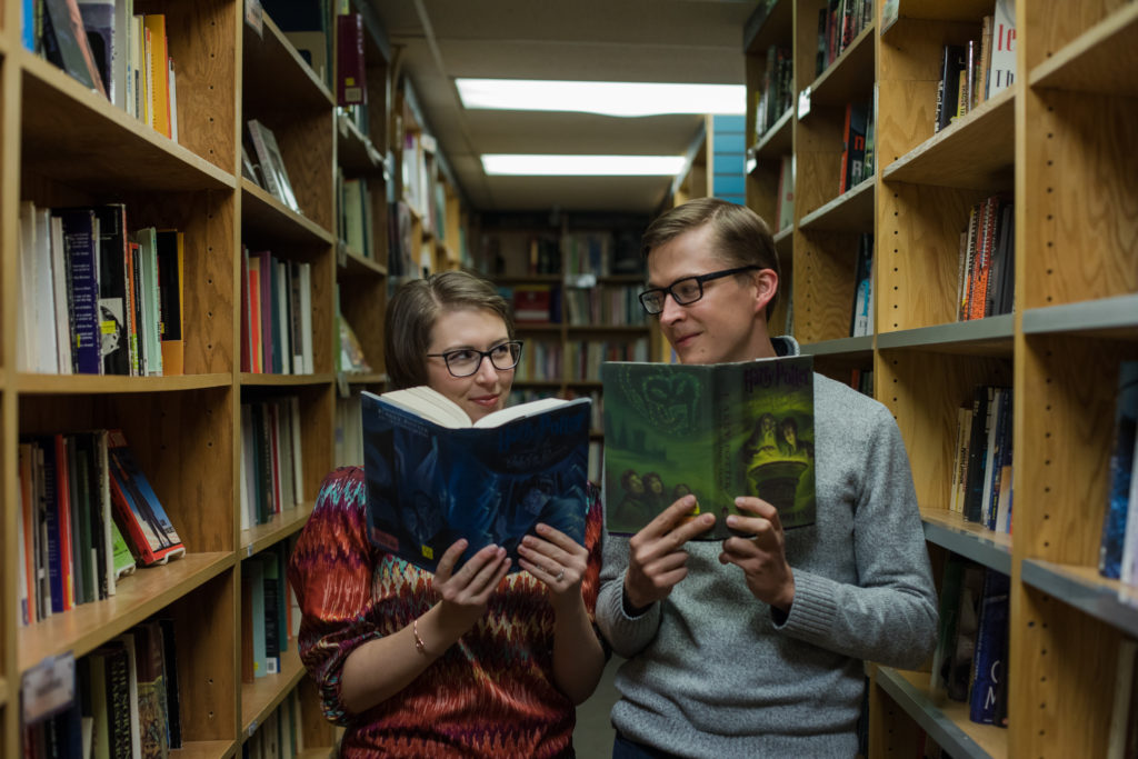Harry Potter lovers at Colorado Springs Bookstore engagement session