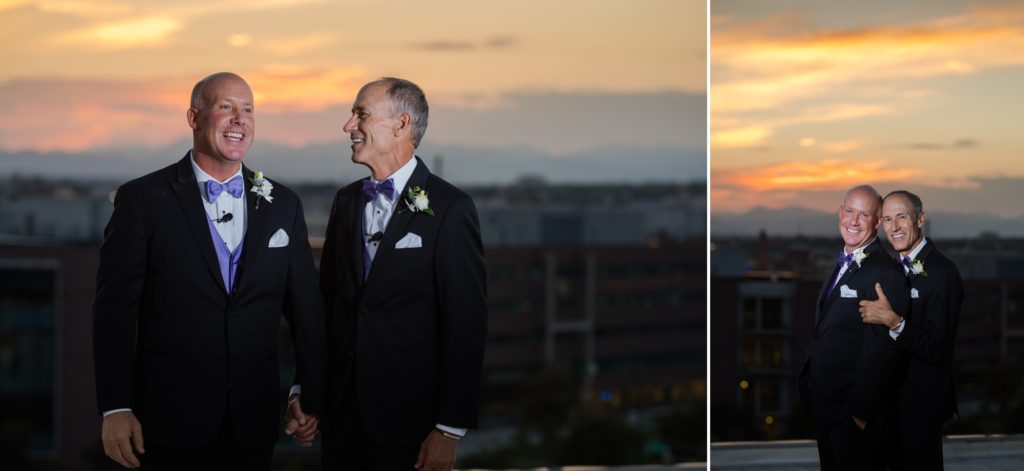 Denver newlywed couple on a roof at sunset