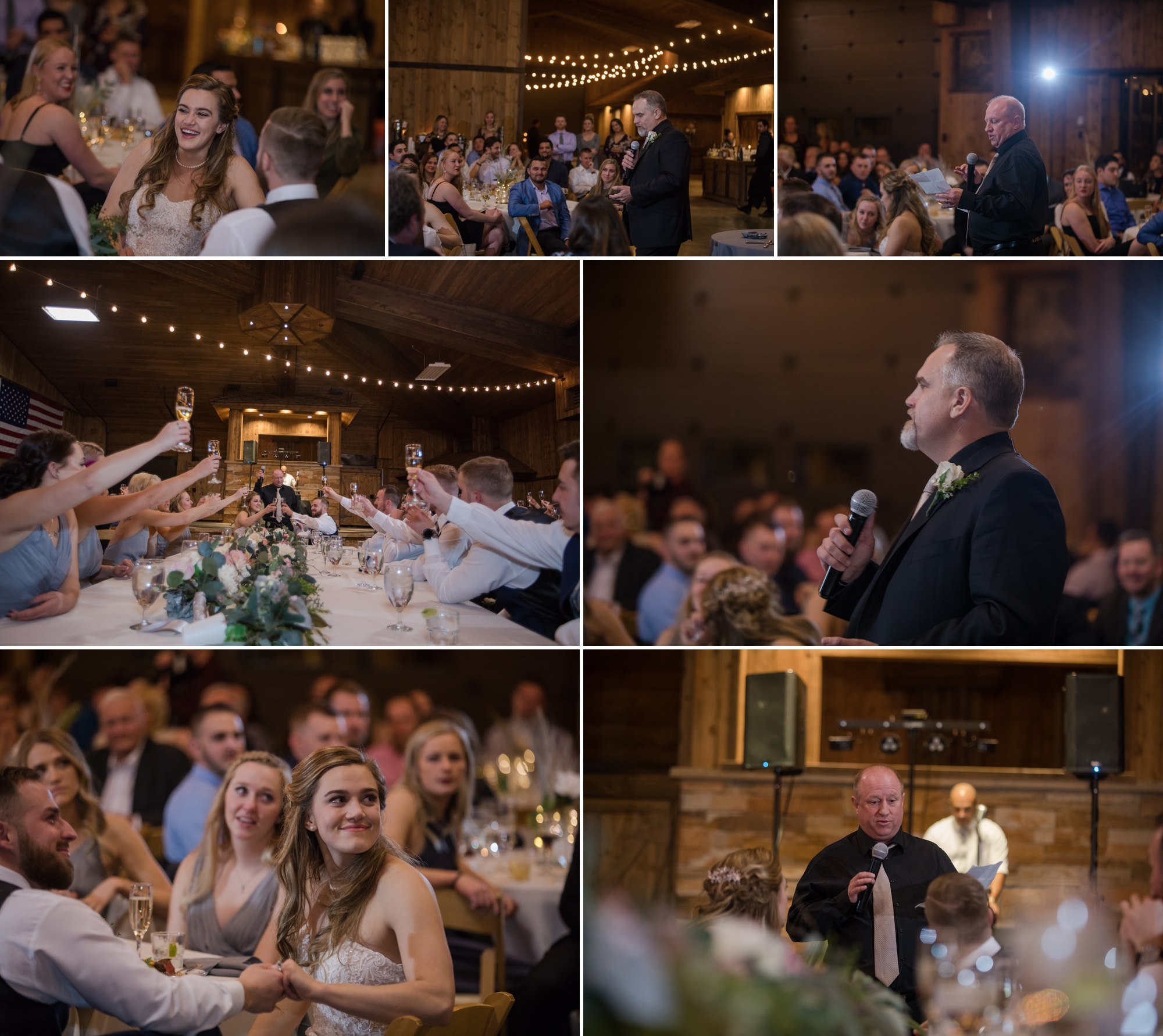 Party toasts at winter lodge wedding