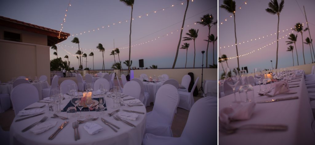 tropical sunset wedding reception at destination wedding