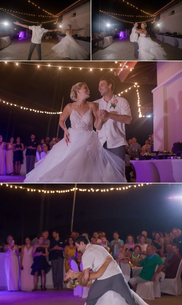 couples first dance at tropical beach wedding
