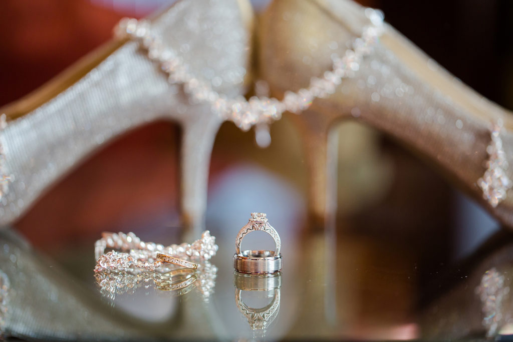 Bride's shoes, rings and jewelry