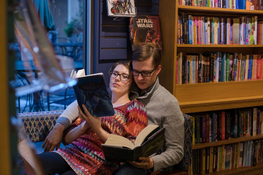 colorado springs engaged couple in local bookstore