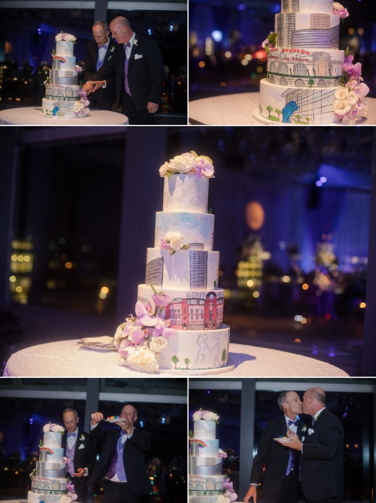 Same sex wedding cake with rainbow layers from Denver, Colorado